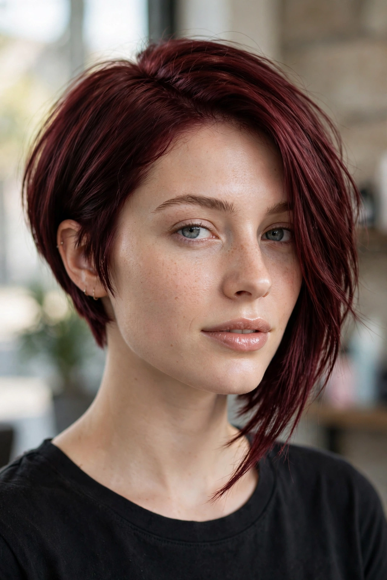 Asymmetric graduated bob on fine hair, one side longer with edgy diagonal lines