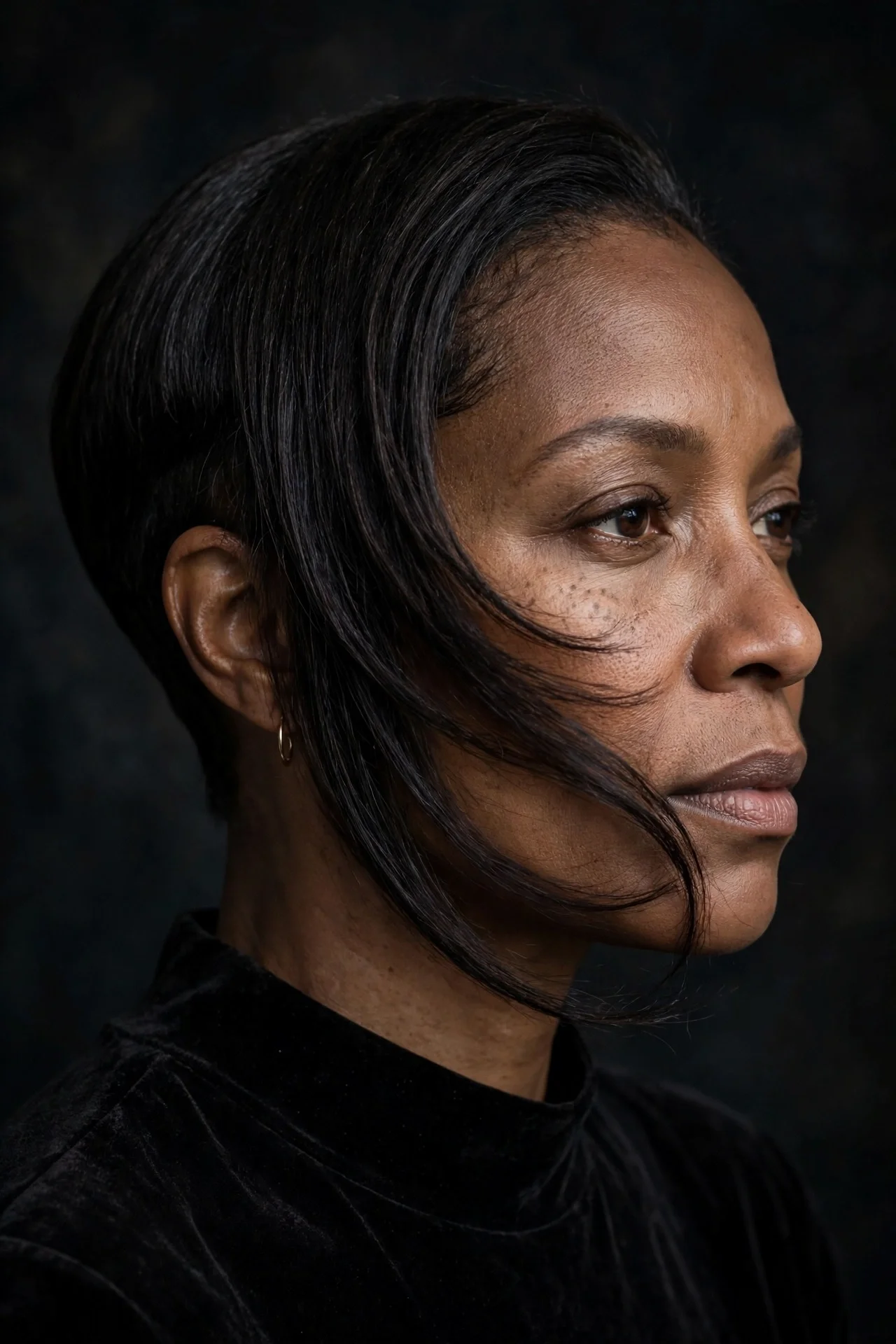 Black woman in her 40s with fine dark hair in an asymmetric sweep bixie