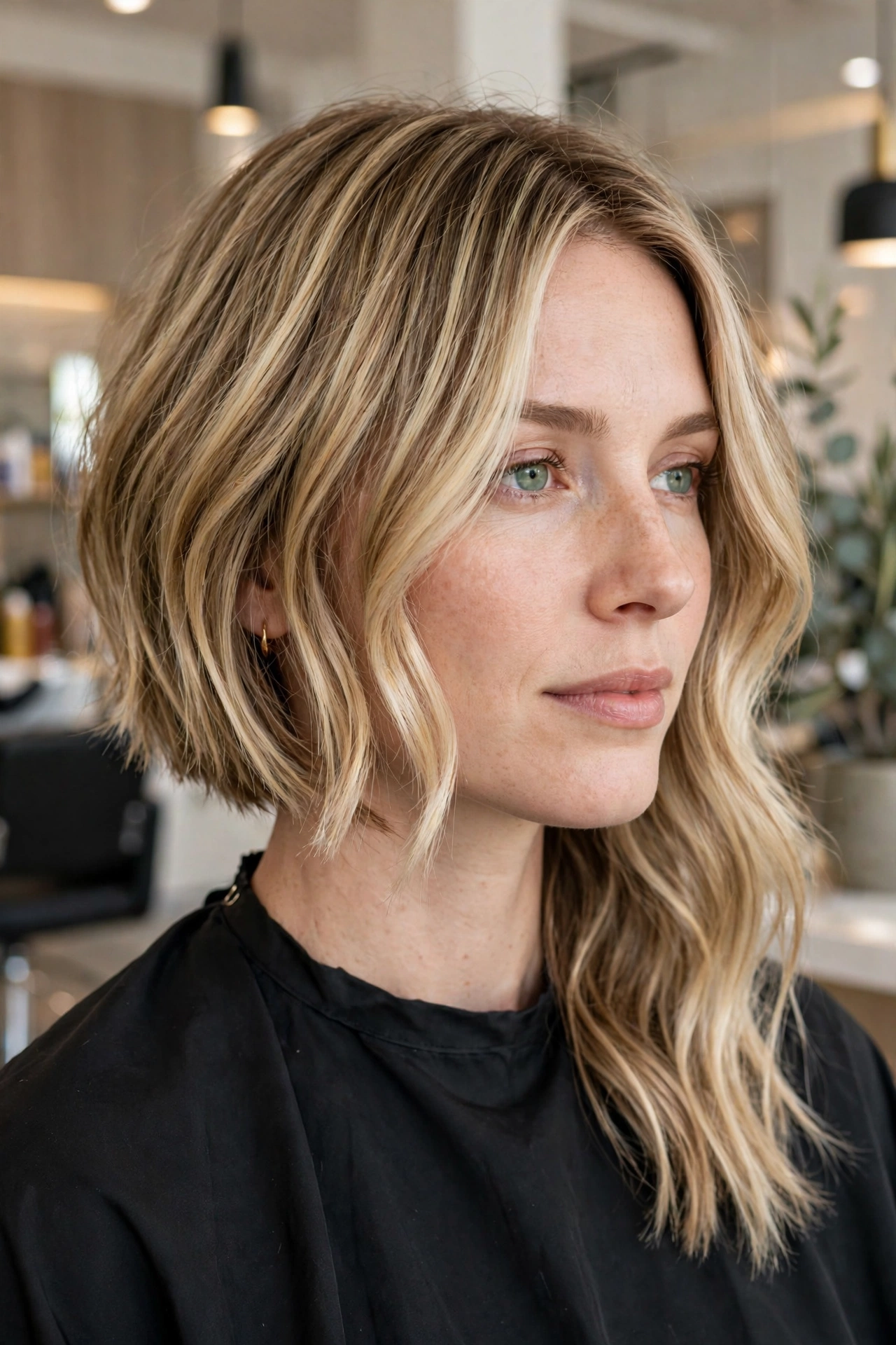 Balayage asymmetrical bob with dimensional blonde ribbons and soft waves