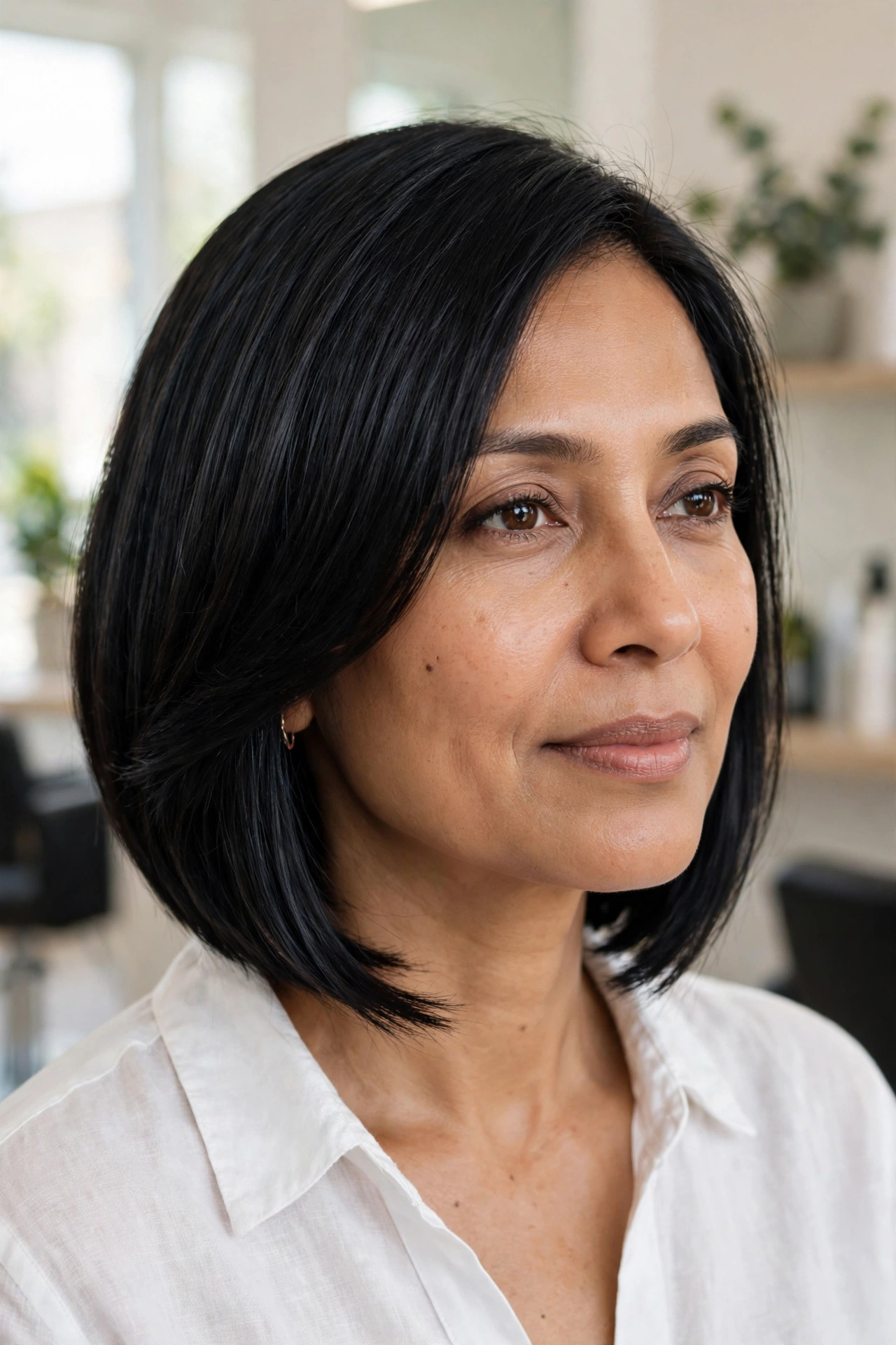 Classic chin length asymmetrical bob in jet black with mirror shine