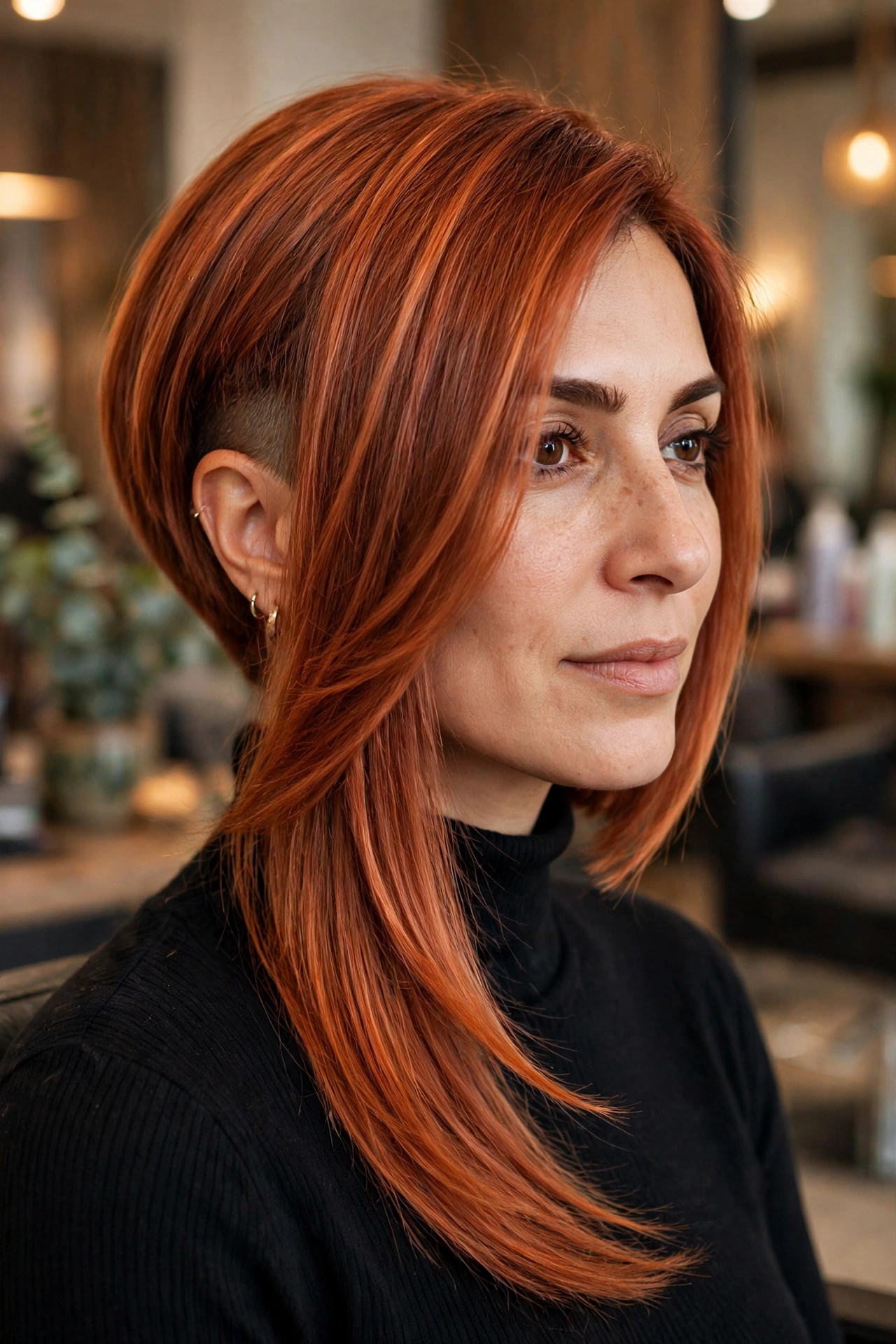 Copper red asymmetrical bob with a closely cropped shorter side and long sweeping front