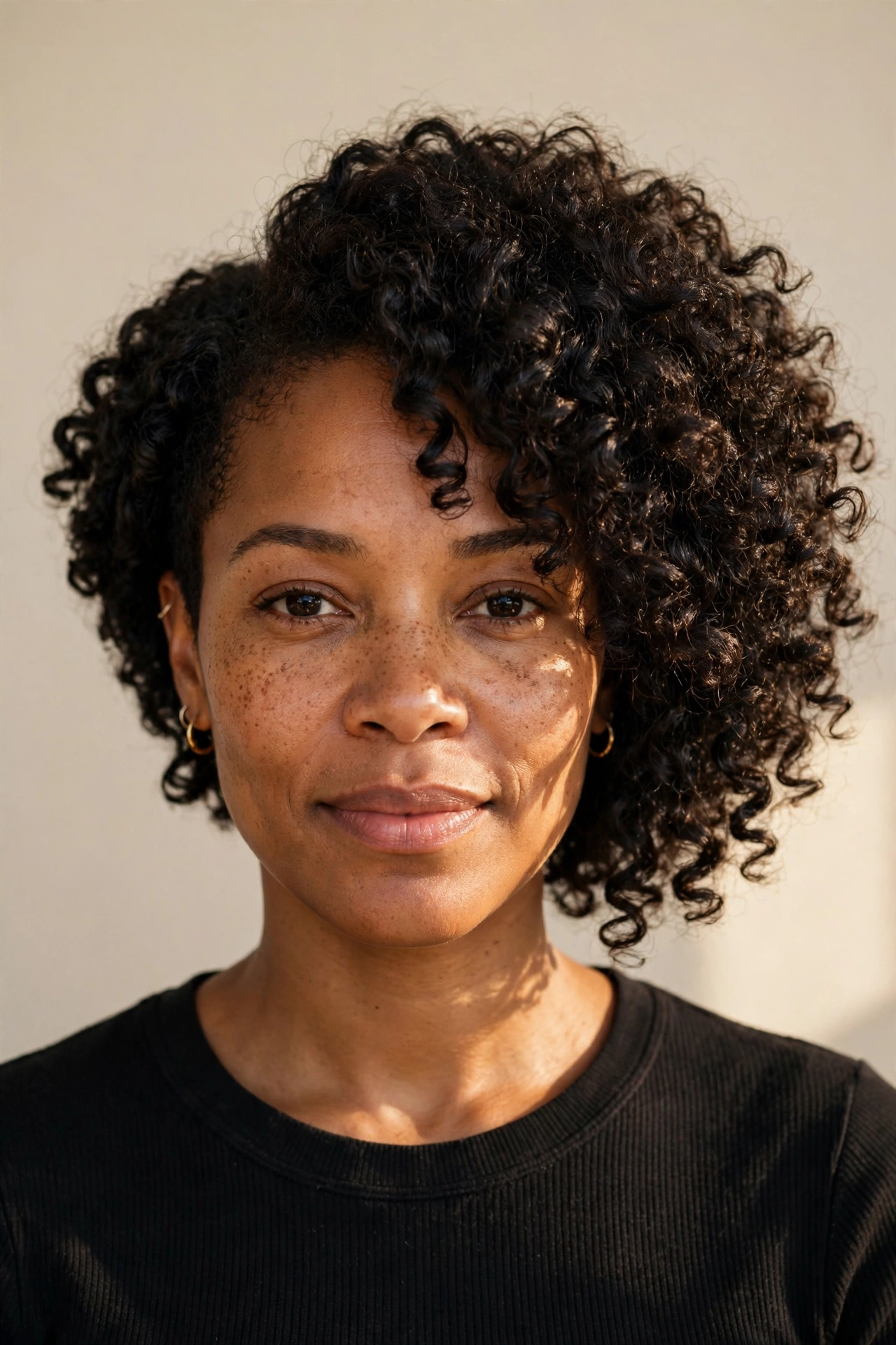 Curly asymmetrical bob with natural volume and defined curls on fine hair