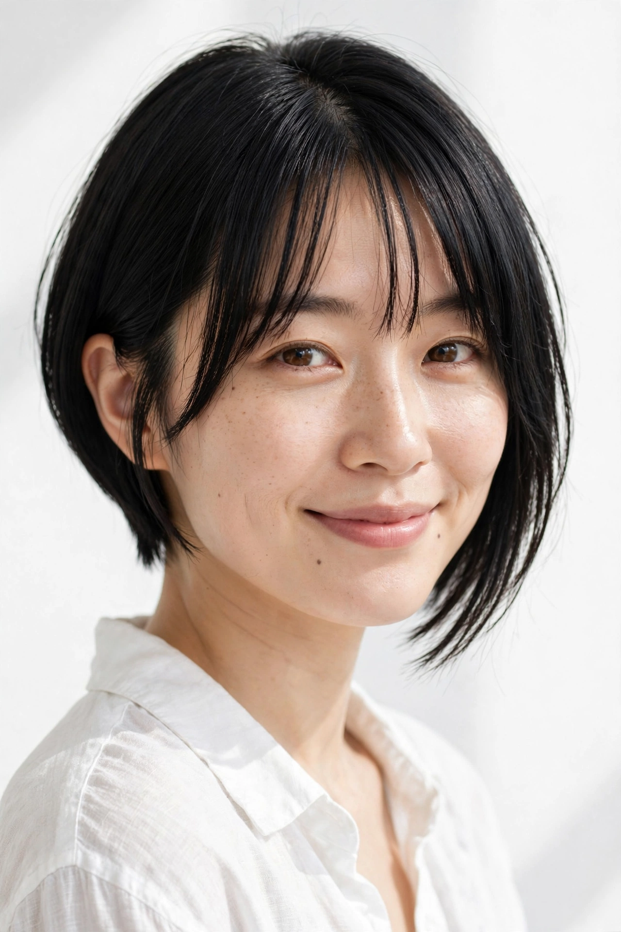 Asymmetrical bob with soft curtain bangs on black fine hair