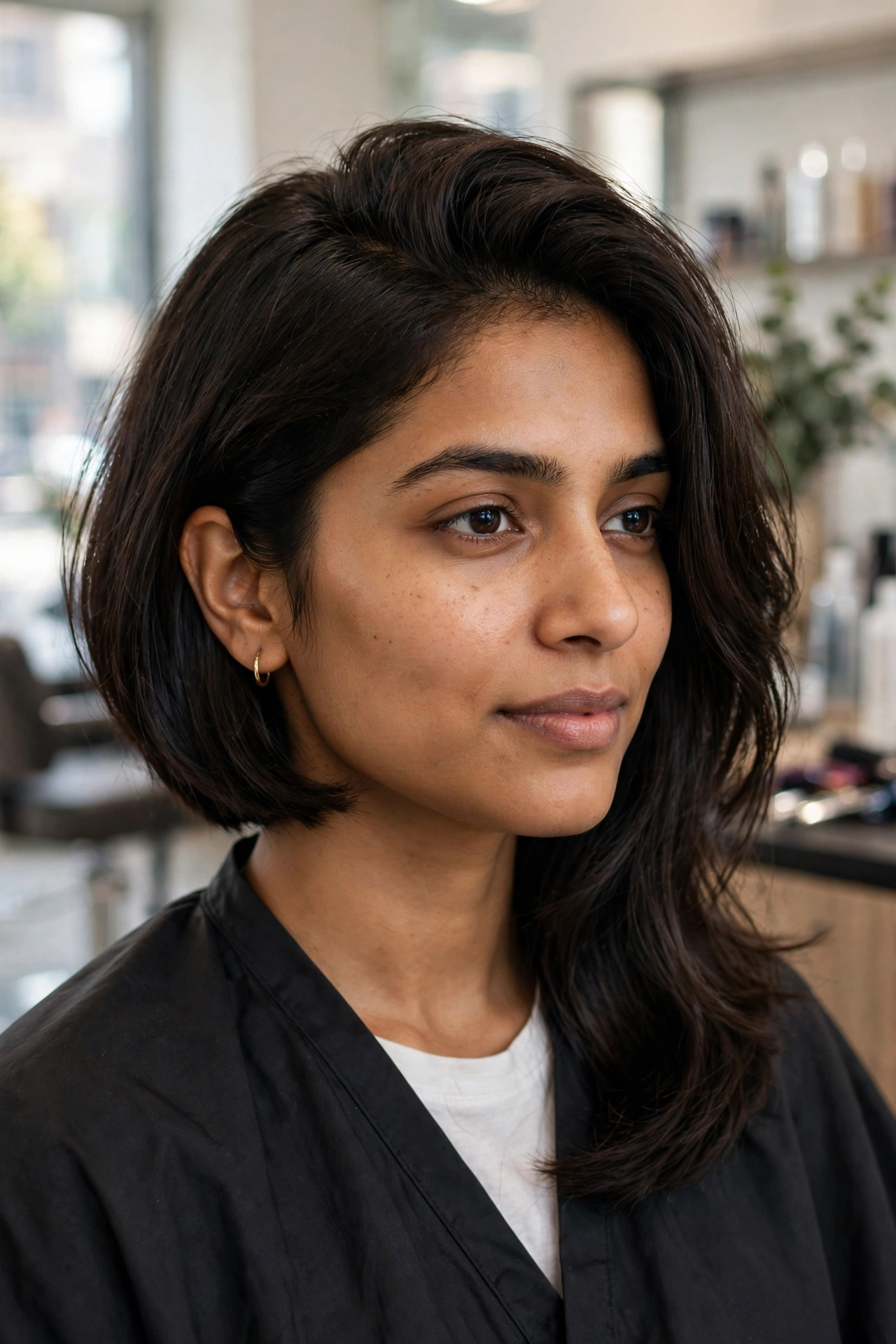 Deep side sweep asymmetrical bob on dark brown fine hair, one side tucked behind the ear