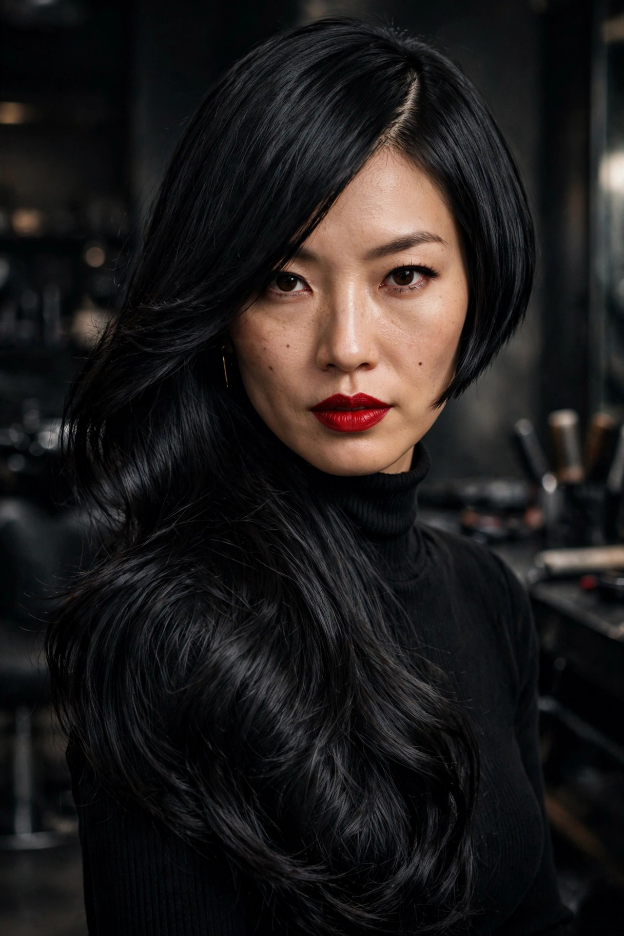Dramatic jet black asymmetrical bob for thin hair with bold side sweep and red lips