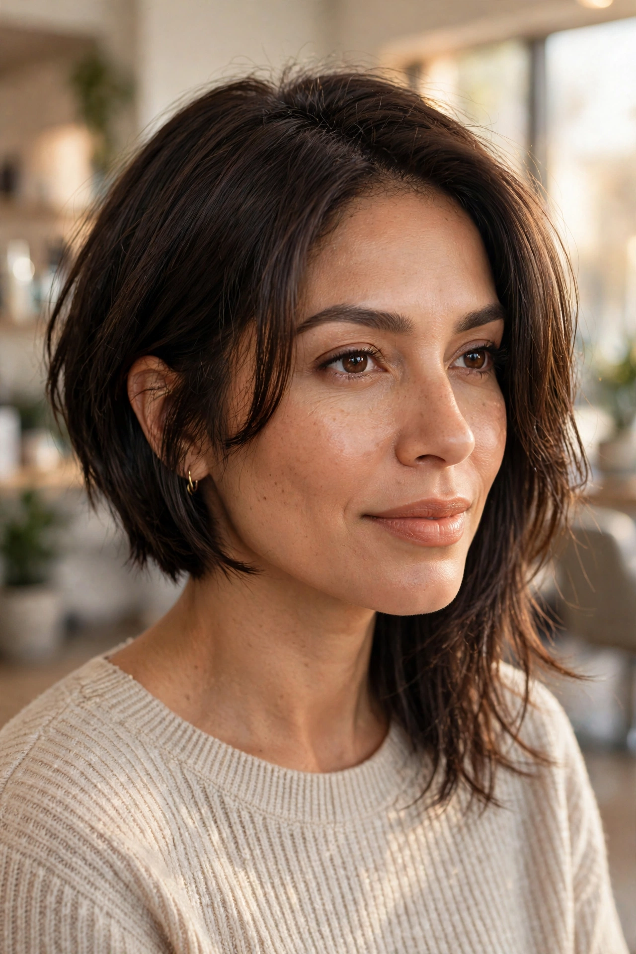 Asymmetrical bob with face framing layers in dark brown