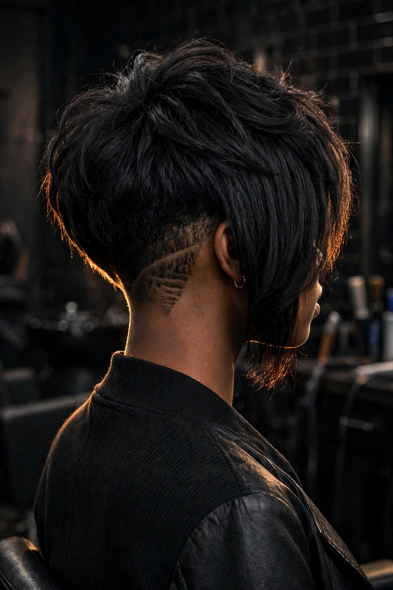 Asymmetrical bob with hidden shaved undercut at the nape, back three quarter view