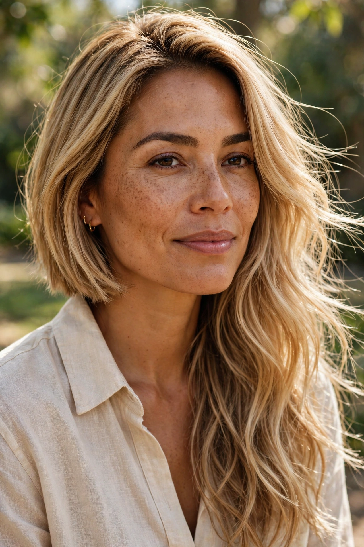 Long asymmetrical lob in honey blonde with soft loose waves