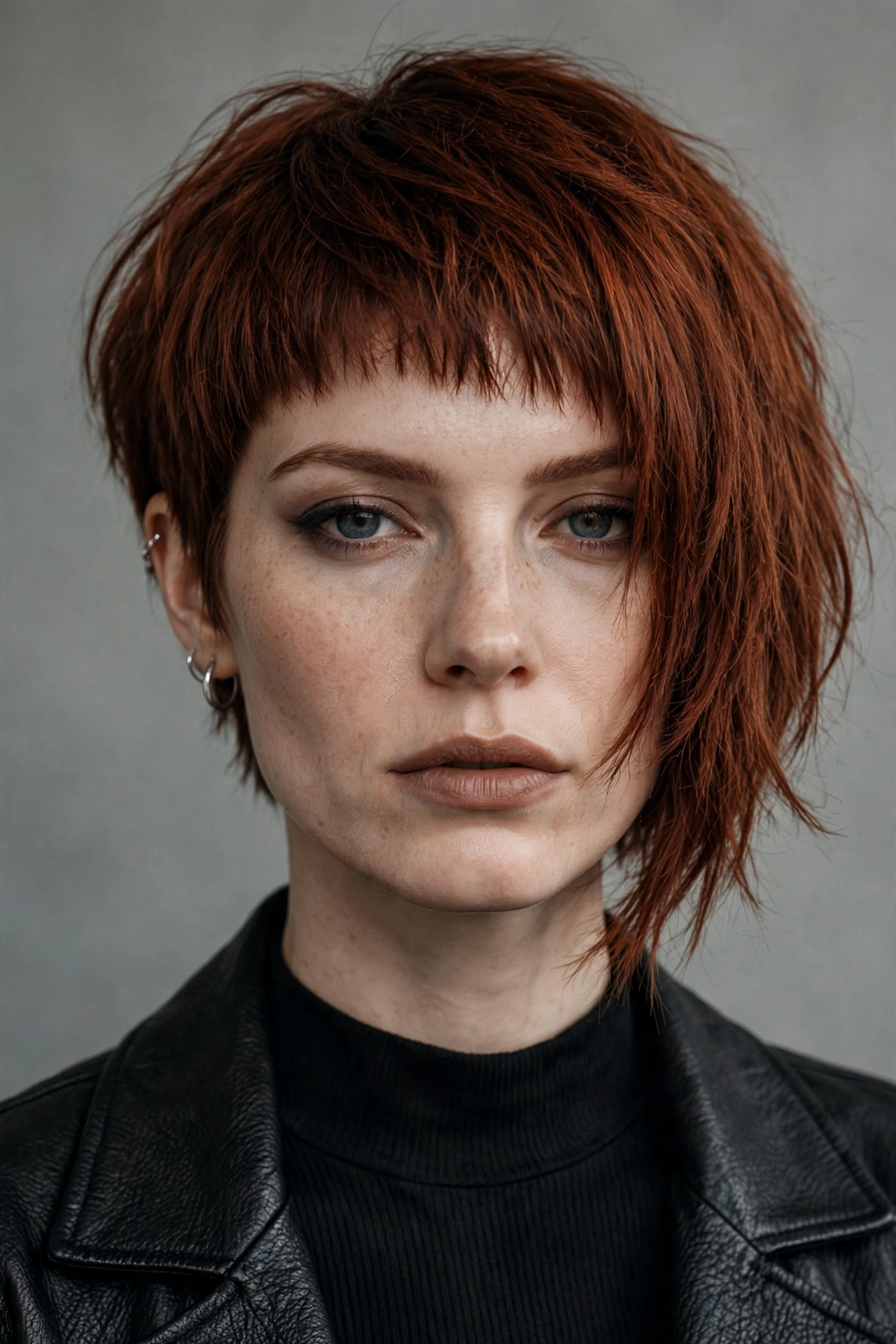 Auburn asymmetrical bob with a short textured micro fringe