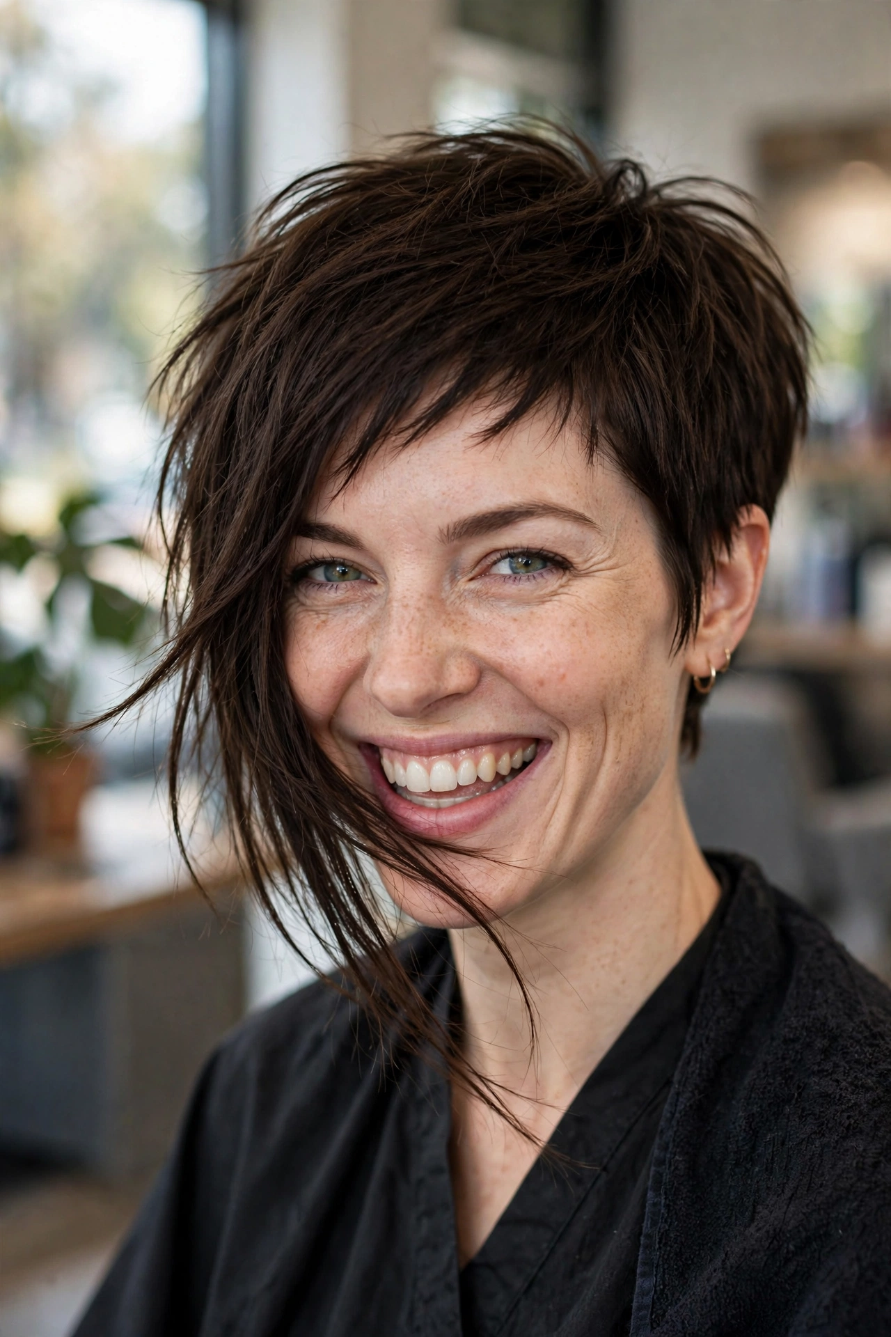Choppy asymmetrical pixie bob hybrid in dark brown with textured layers