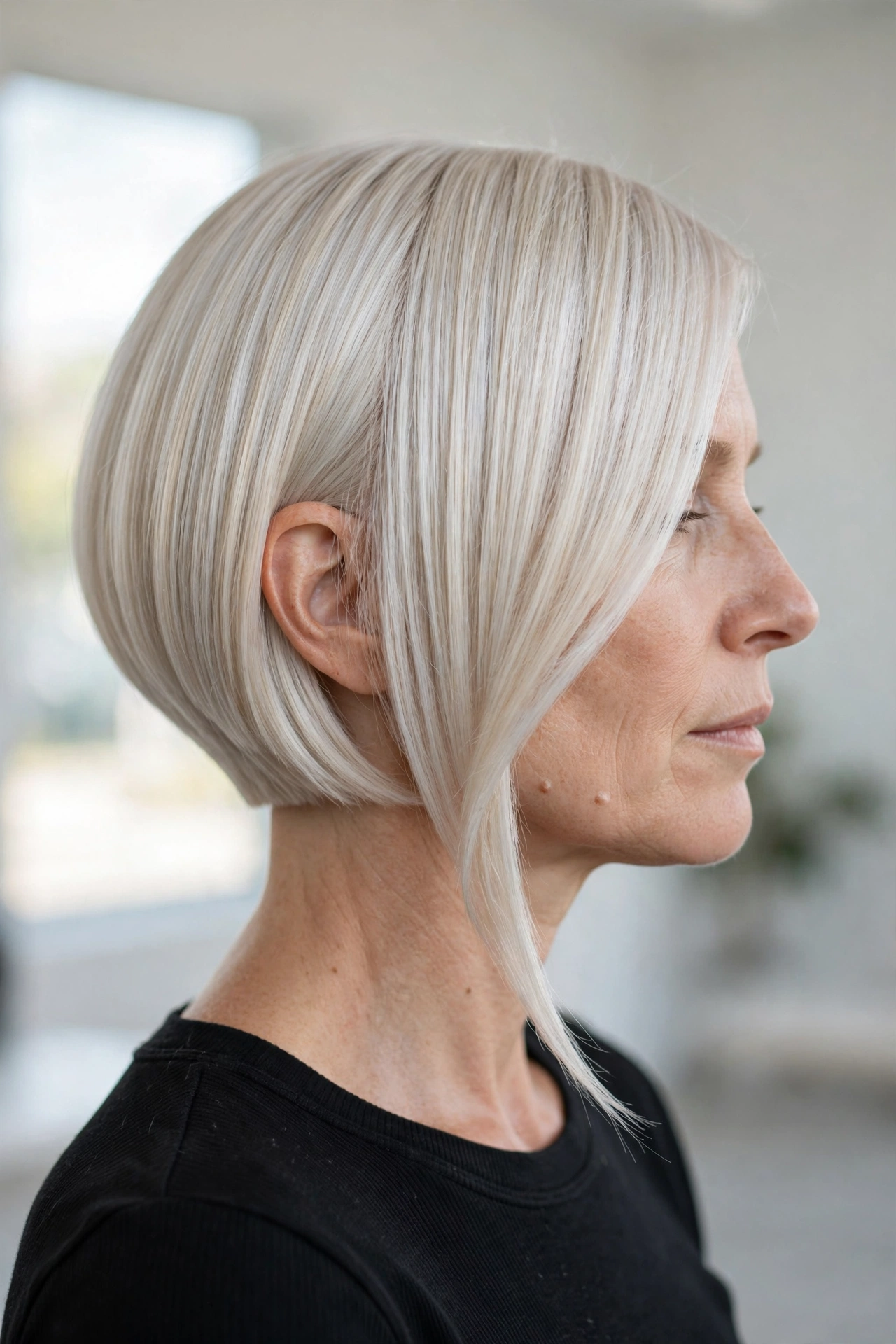 Platinum blonde sleek asymmetrical bob in side profile with glass shine