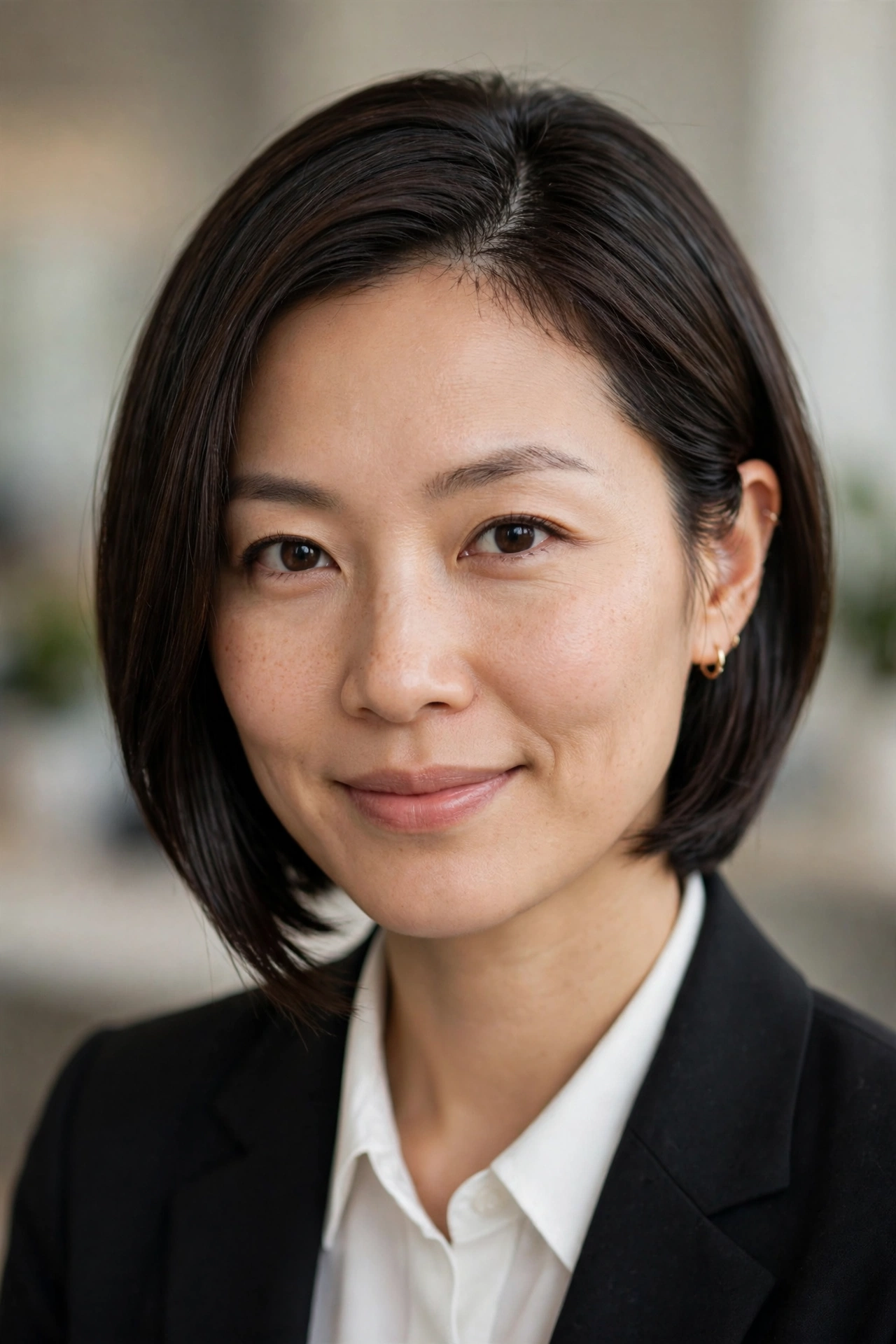 Polished professional asymmetrical bob with deep side part in dark brown