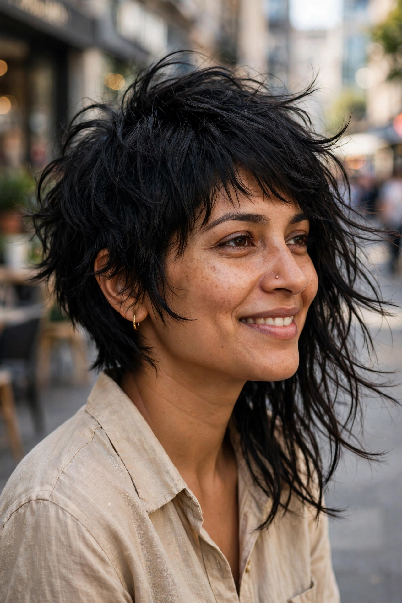 Shaggy textured asymmetrical bob in black with choppy piecey layers