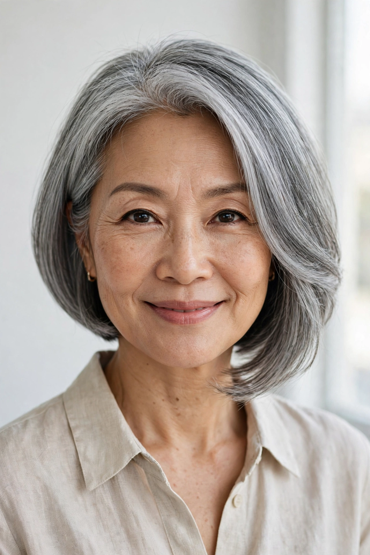 Silver gray asymmetrical bob for women over 50 with soft volume