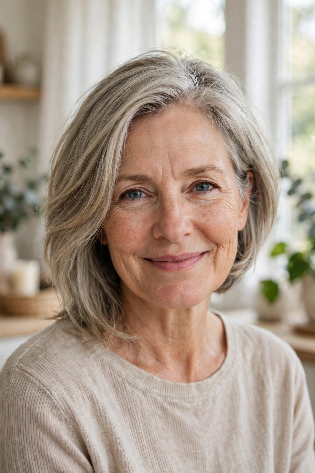 Soft gray blonde asymmetrical bob with natural volume, low maintenance style
