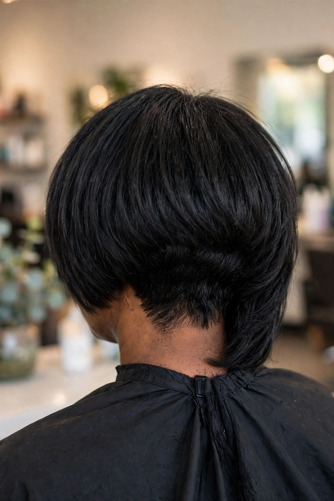 Stacked nape asymmetrical bob seen from behind showing graduated layers