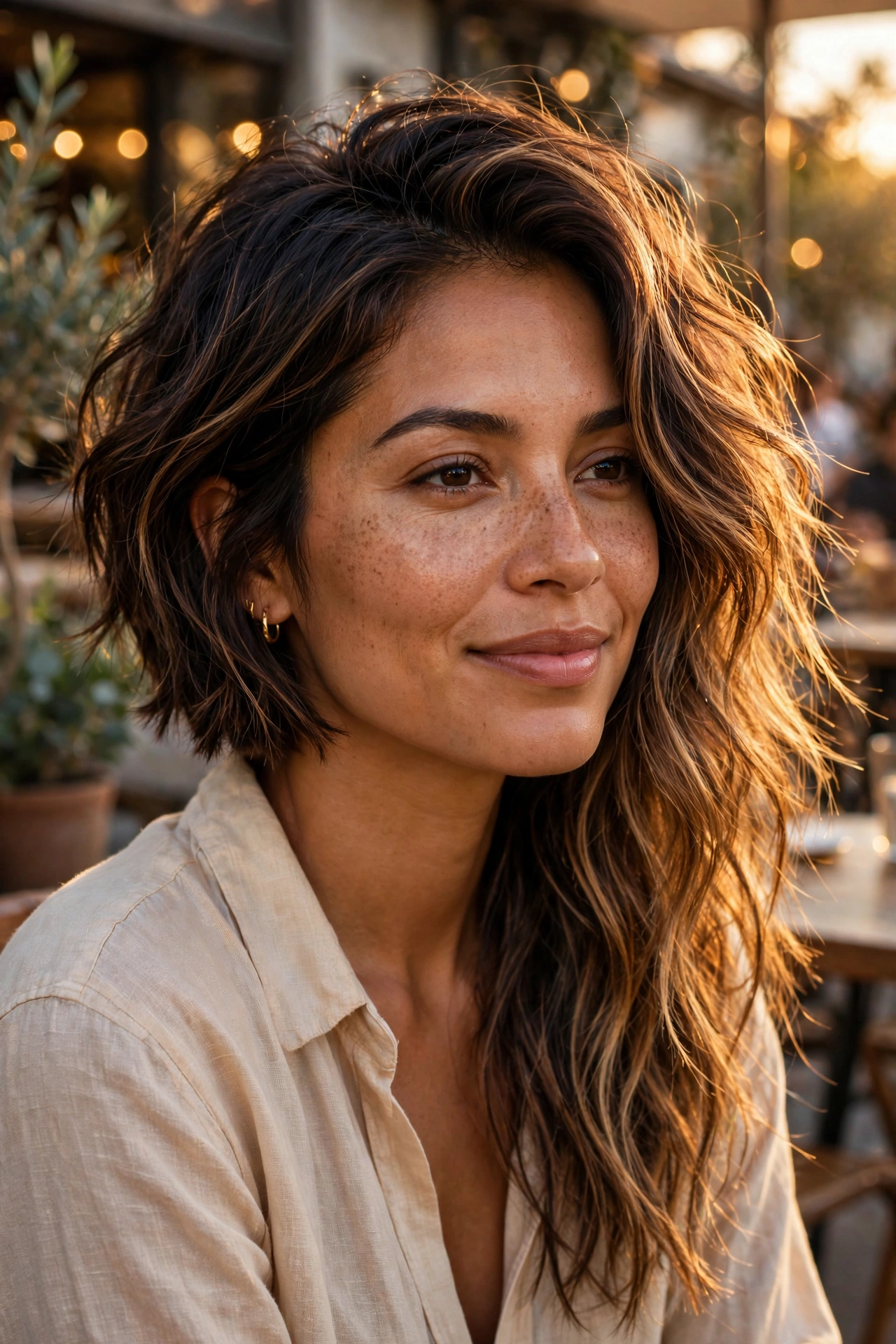Tousled wavy asymmetrical bob with caramel balayage and beachy texture