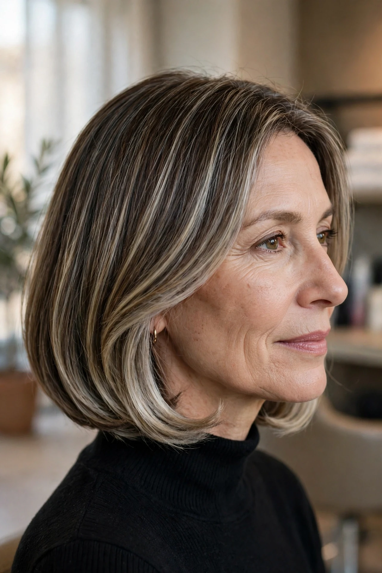 silver balayage blend italian bob on a woman in her 50s