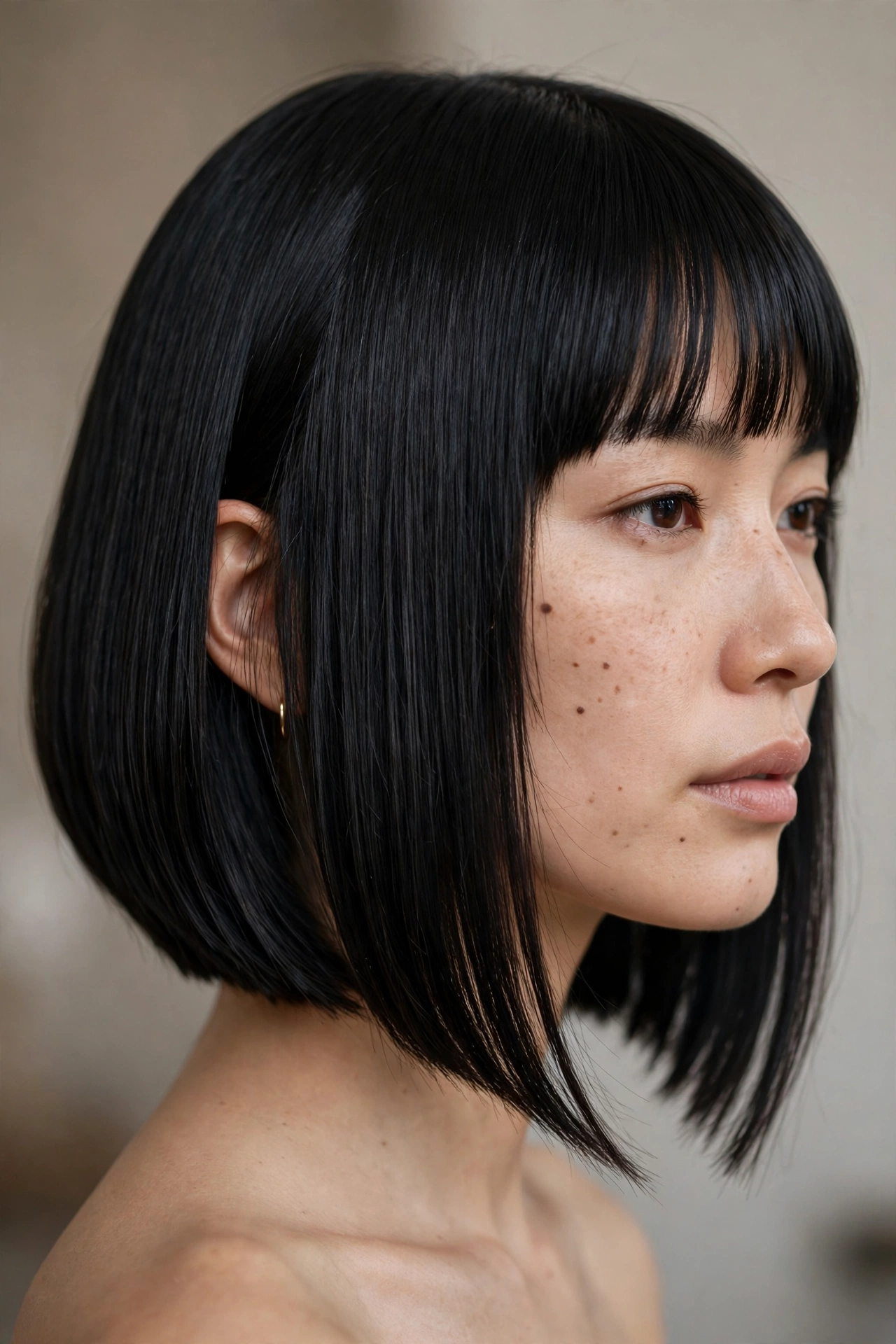 A line bob with bangs, longer in front