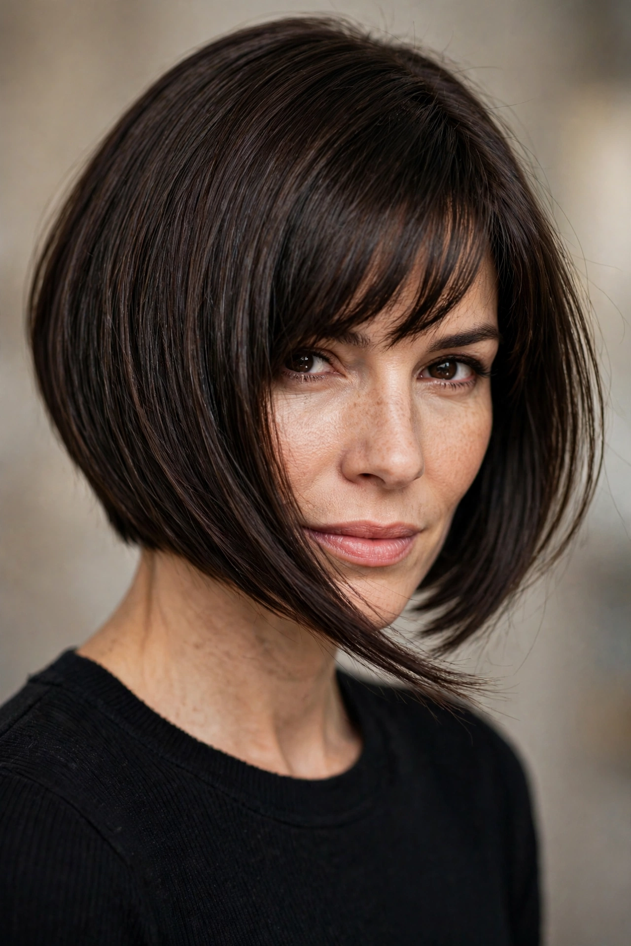 Angled bob with bangs, dramatic forward angle