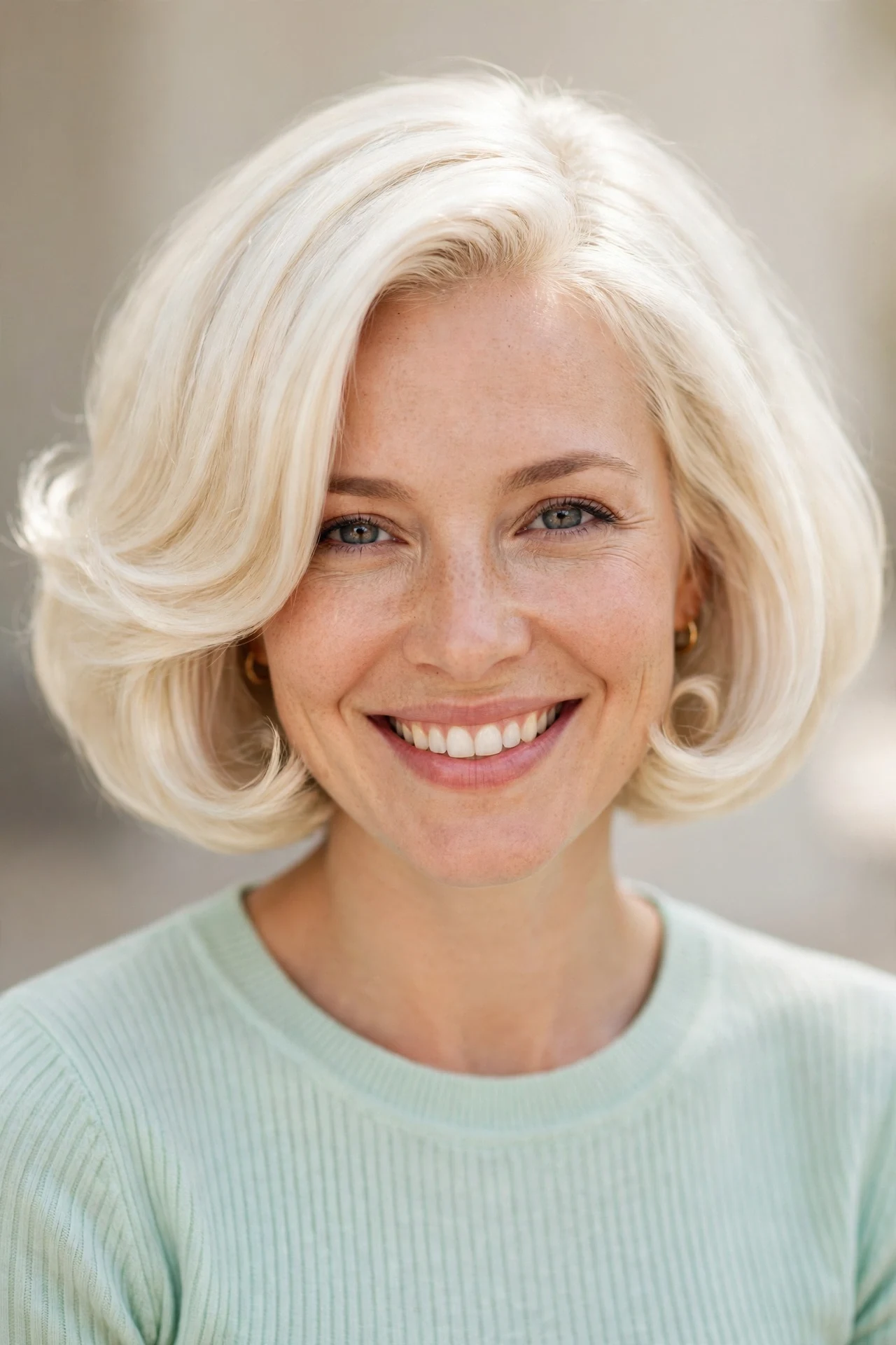 Blonde bubble bob with bright shiny color and bouncy volume