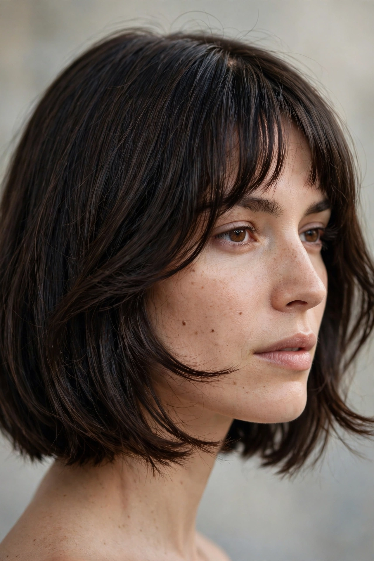 Bob with bottleneck bangs, narrow at top widening down