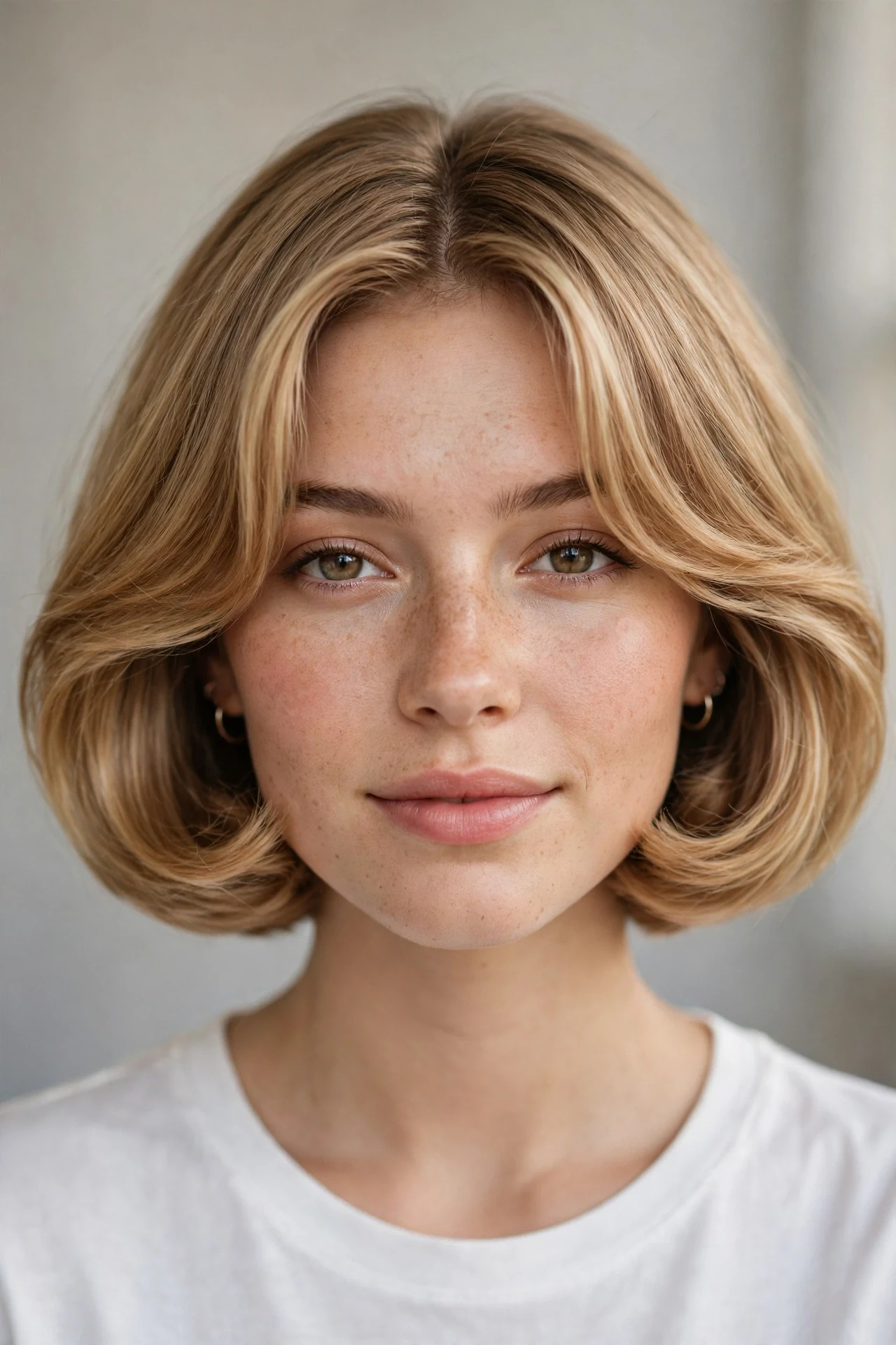 Bubble bob with soft curtain bangs framing the face