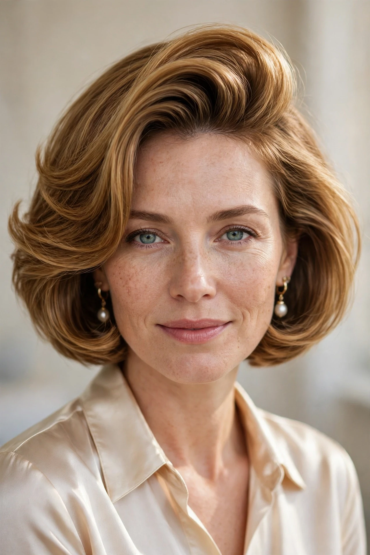 Bubble bob with a deep side part and extra crown lift