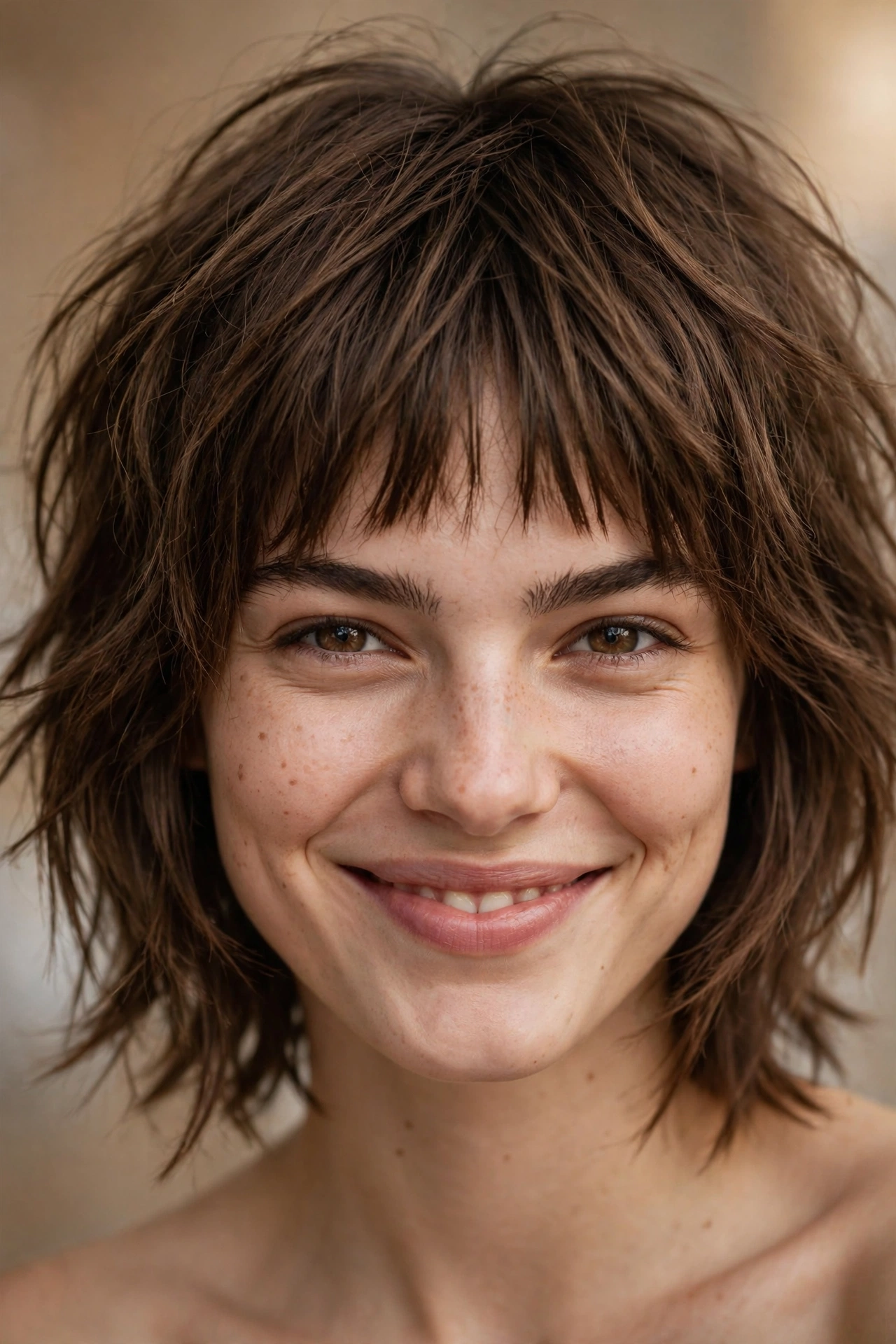 Choppy textured bangs on a layered bob