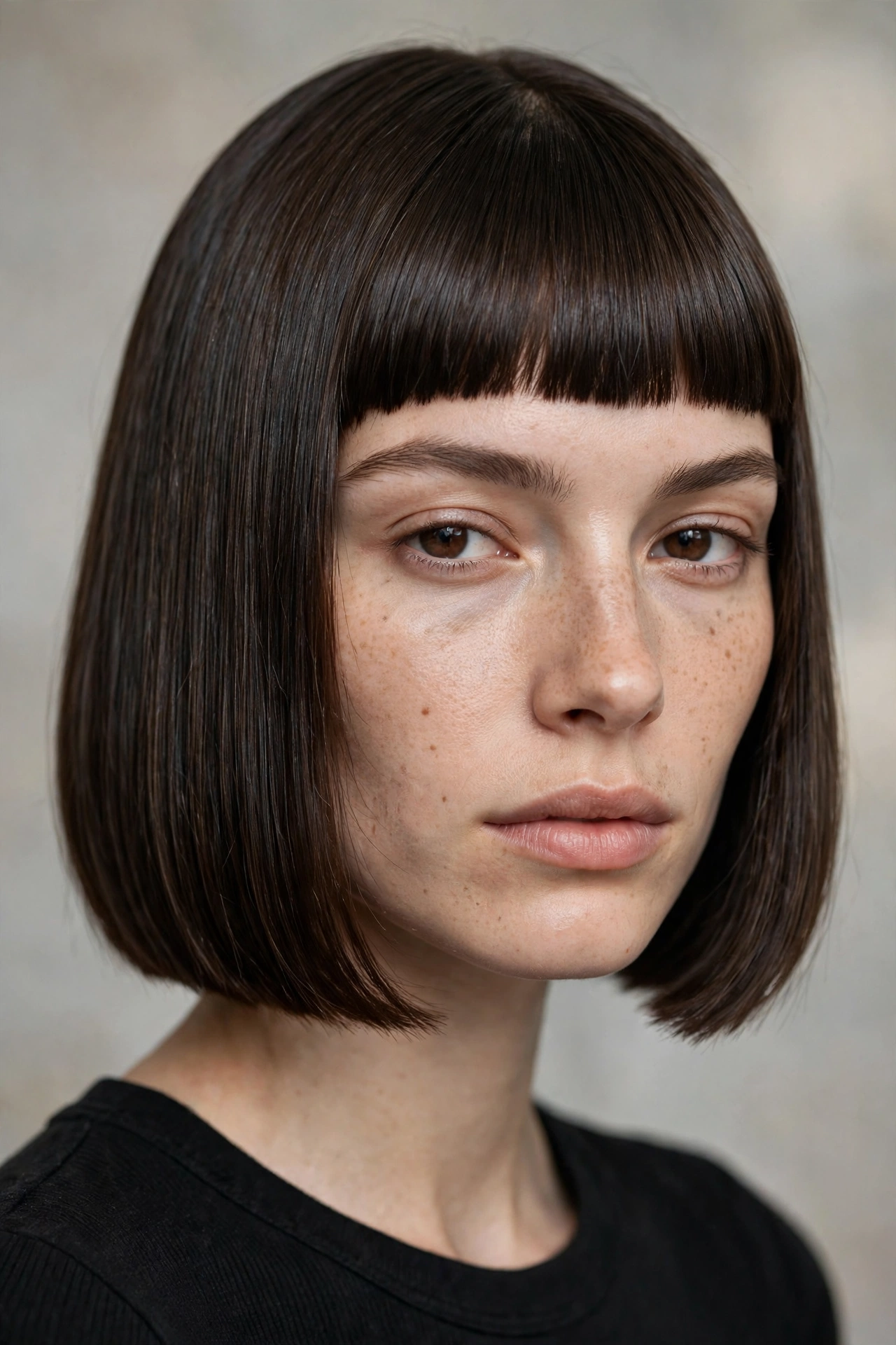 Classic blunt bob with bangs, straight dark brown hair