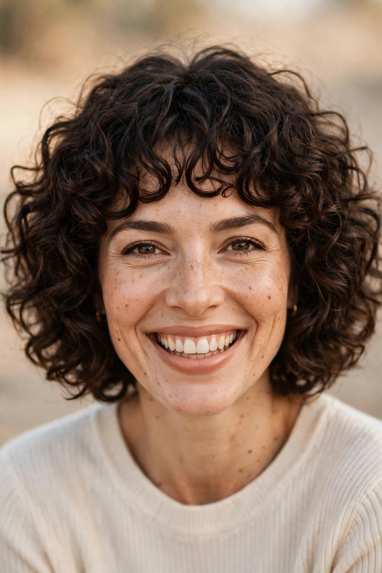 Curly bob with curly bangs, natural texture