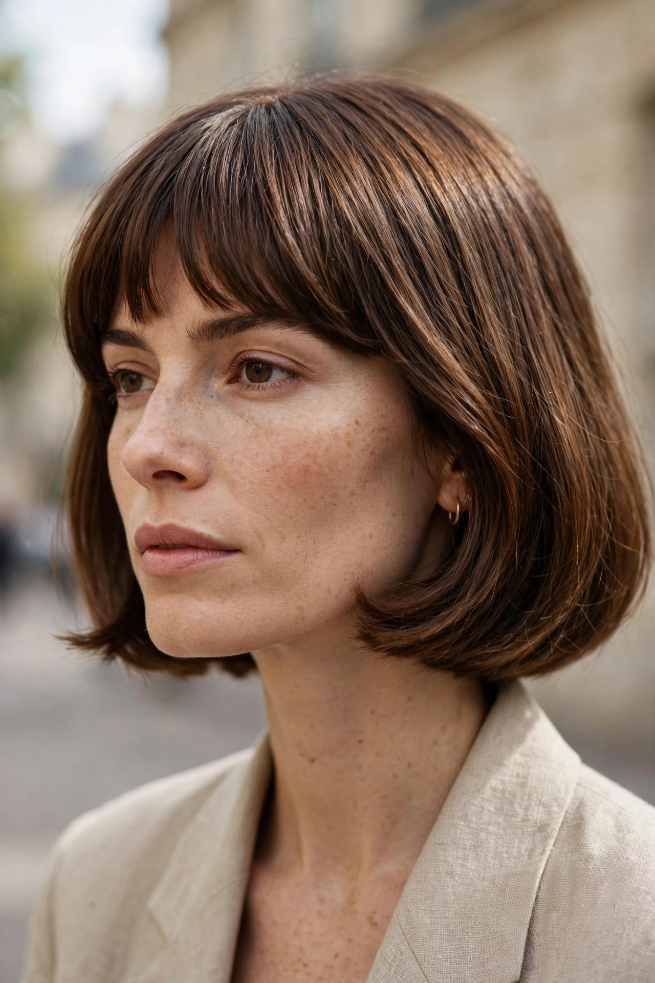 French bob with bangs, chin length with Parisian flair