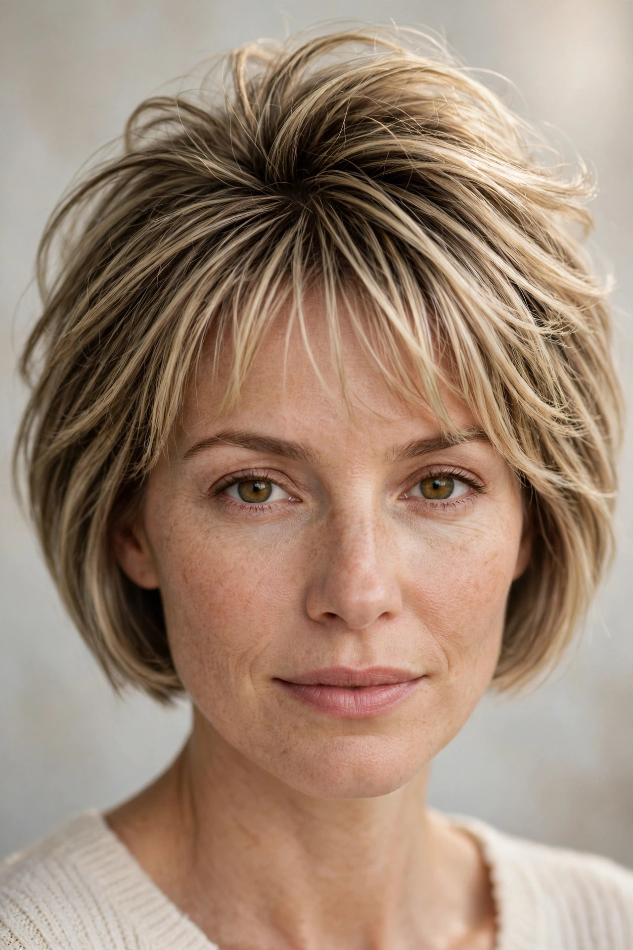 Short bob with bangs adding volume to fine hair