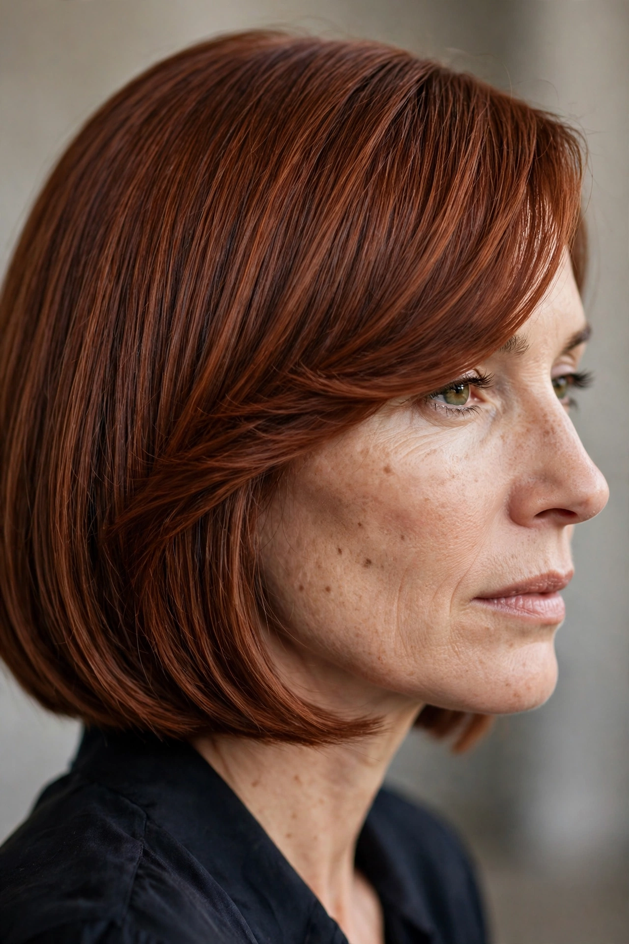 Bob with side swept bangs, auburn hair