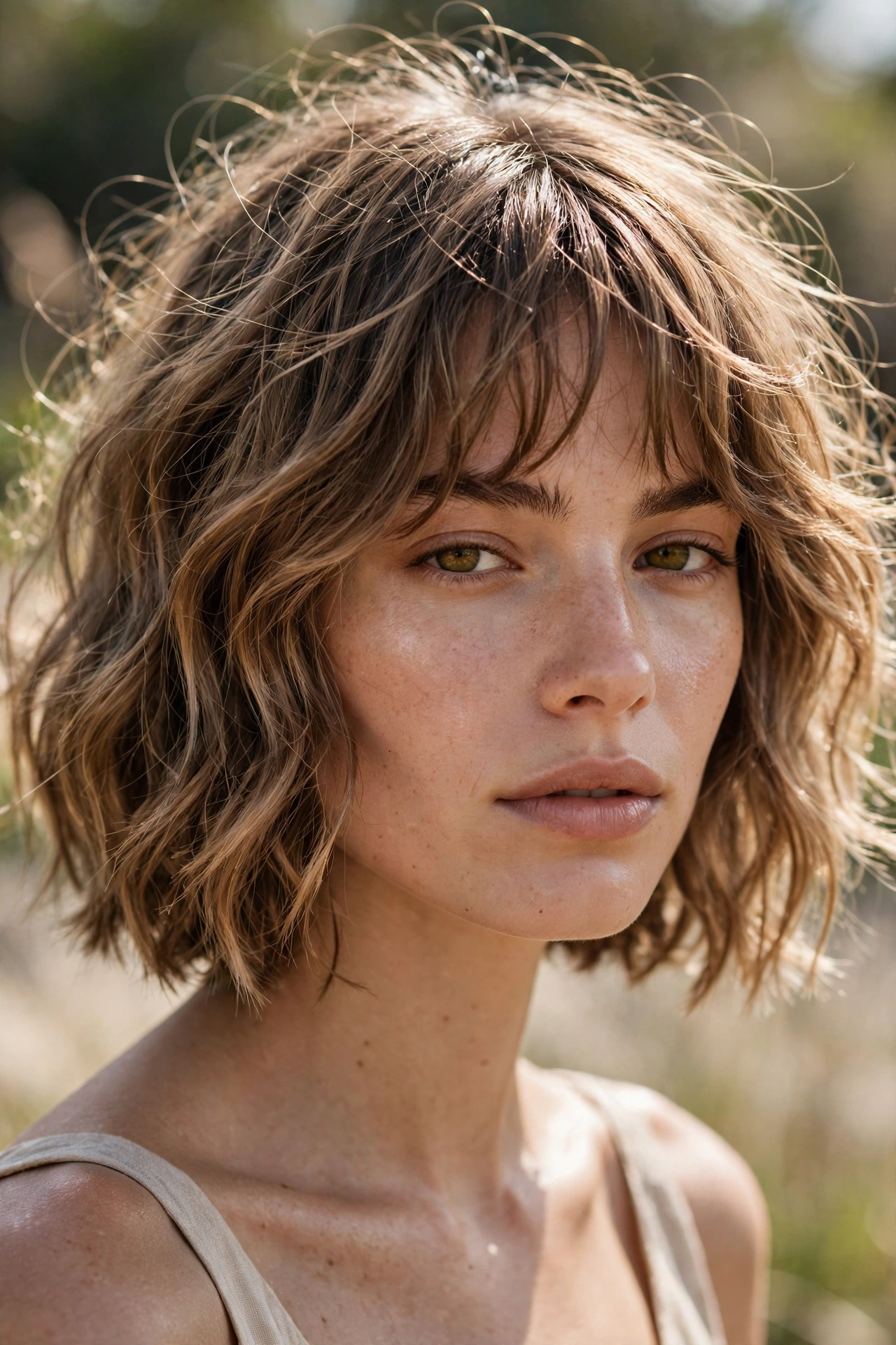 Wavy bob with bangs, tousled beach waves