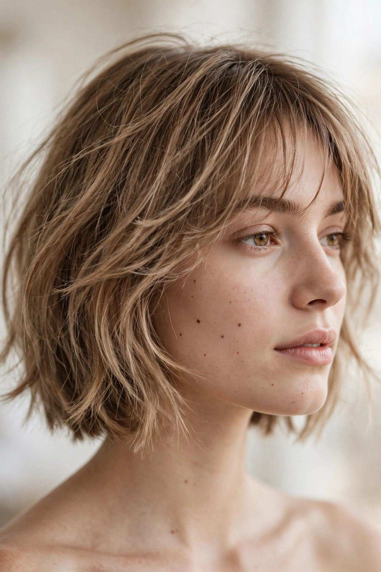 Wispy feathered bangs bob with airy texture