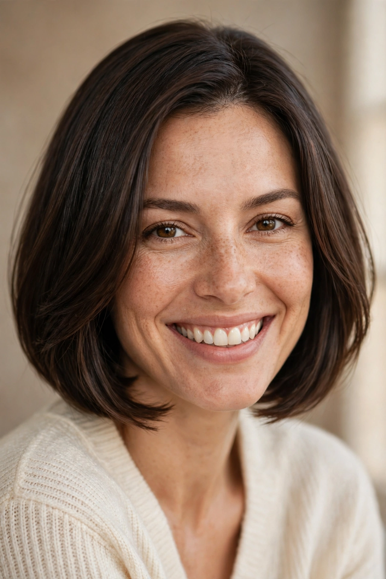 Woman smiling after a bad bob haircut rescue, with a beautiful even bob
