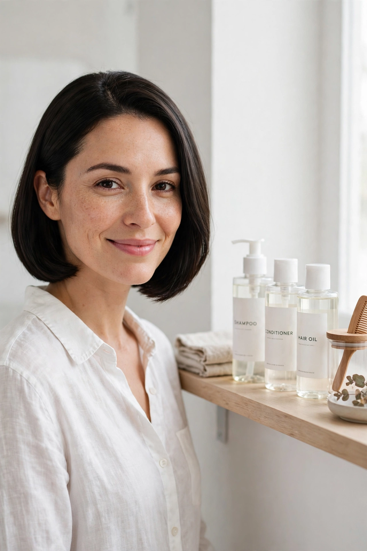 Hair care products on a bathroom shelf beside a styled bob