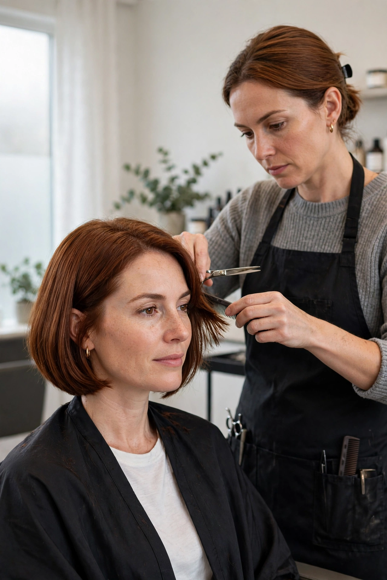 Stylist refining a bob haircut in a salon with careful precise cutting
