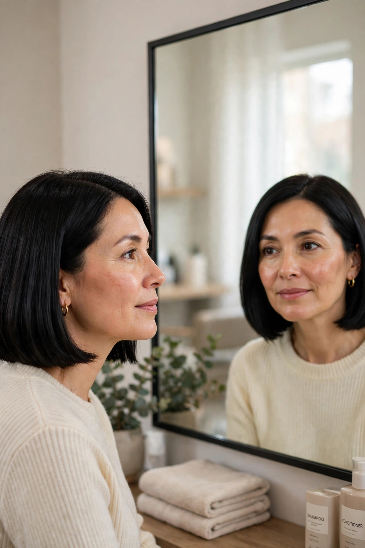 Woman considering her bob in a salon mirror after a haircut