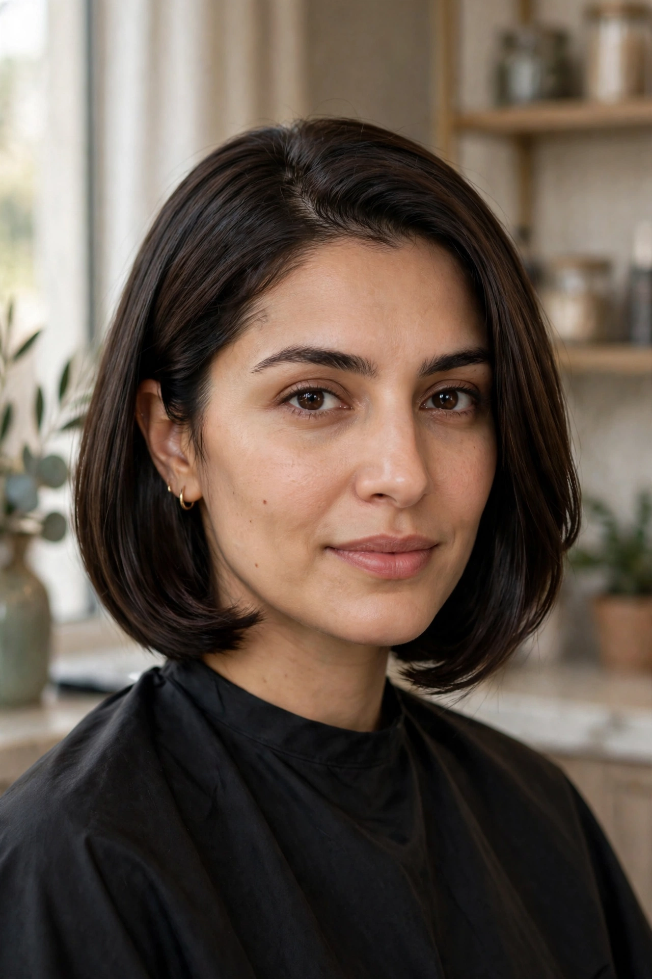 Jaw-length beveled bob on straight dark hair with softly curved-under ends