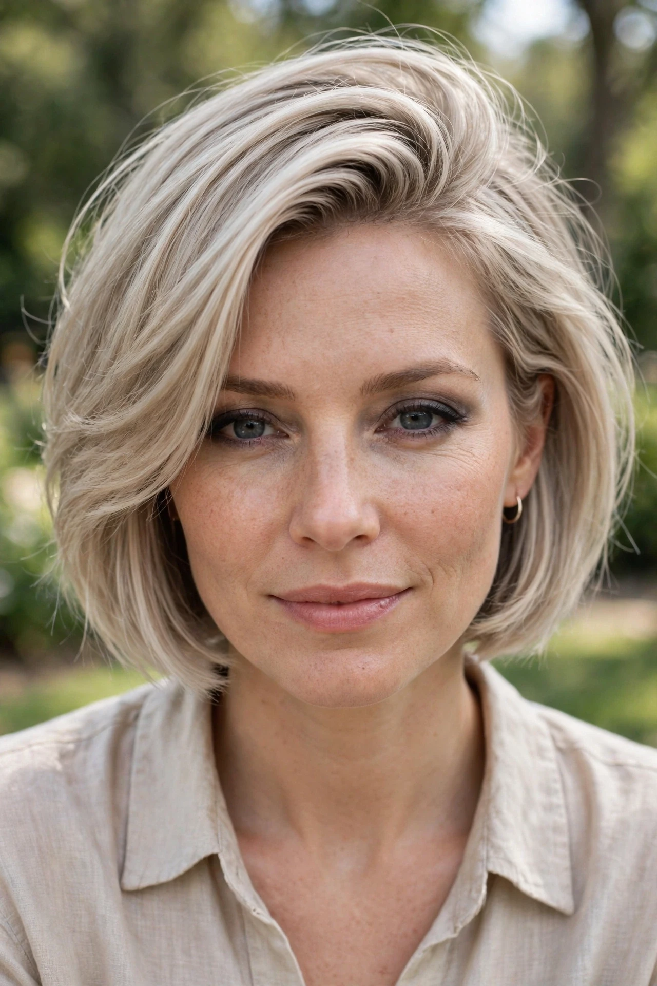 Ash blonde french bob with a deep side sweep and cool smoky tones
