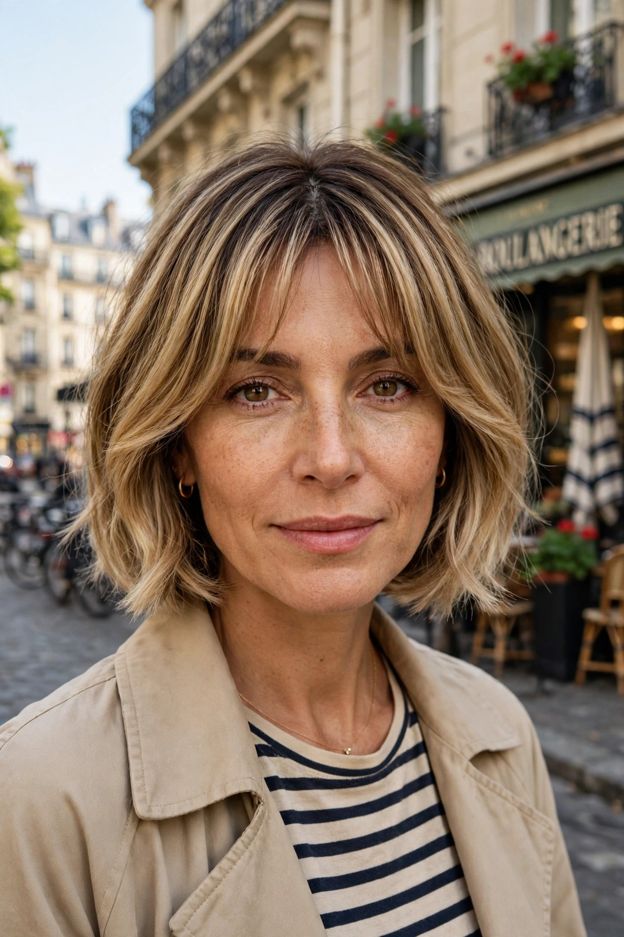 Warm bronde french bob with curtain bangs and dimensional color