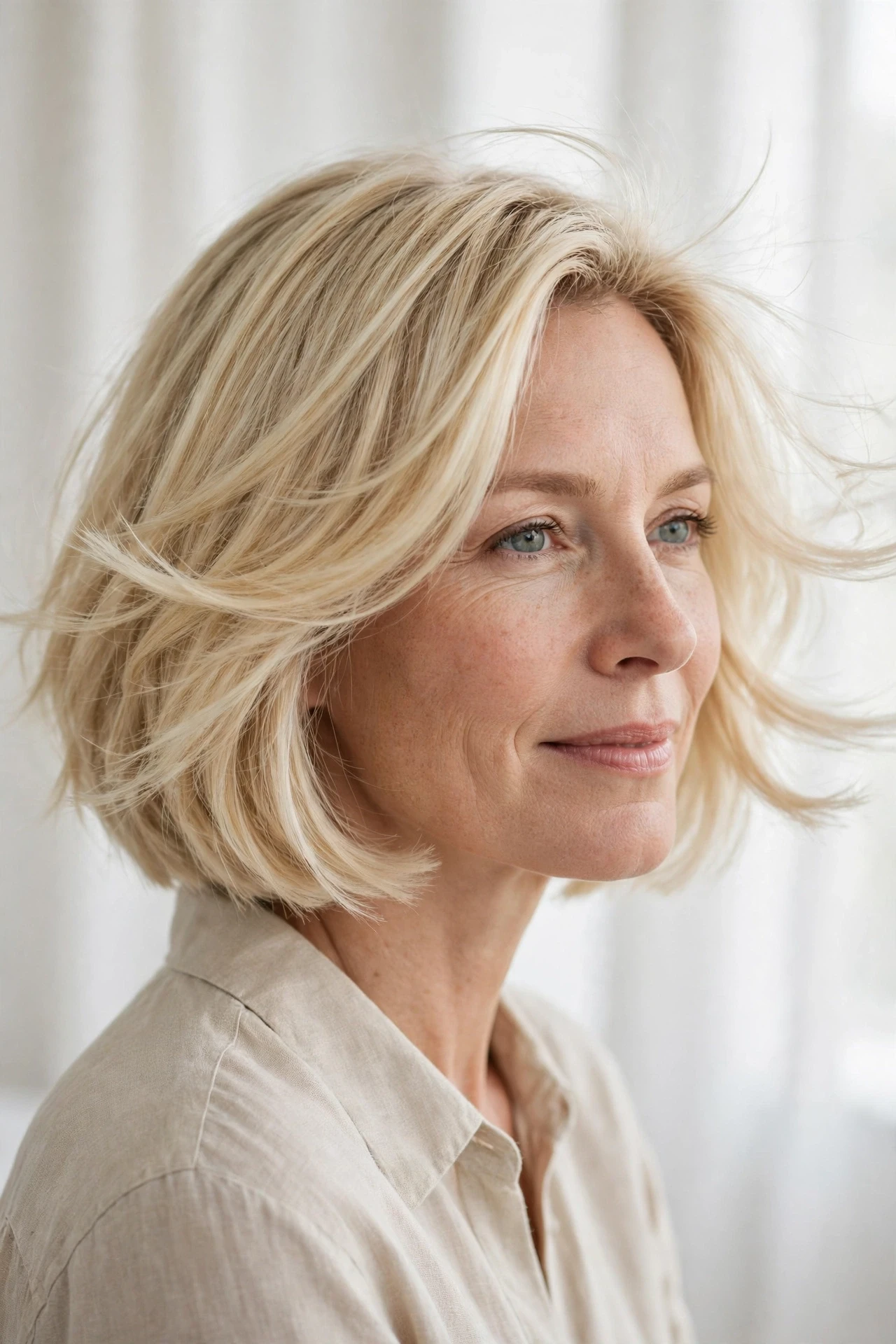 Buttery blonde french bob with feathered ends, soft creamy color