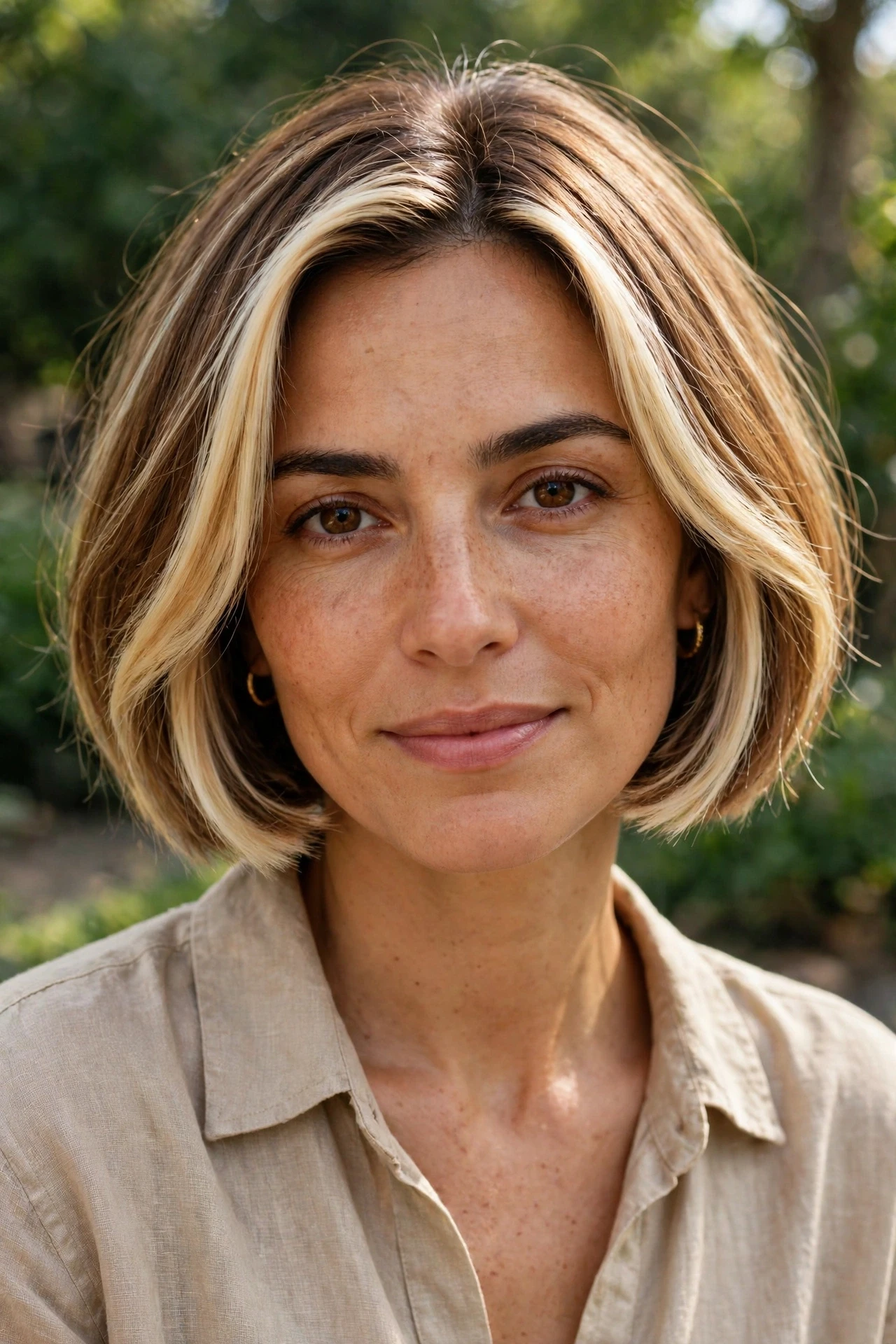 Caramel blonde french bob with a bright money piece framing the face