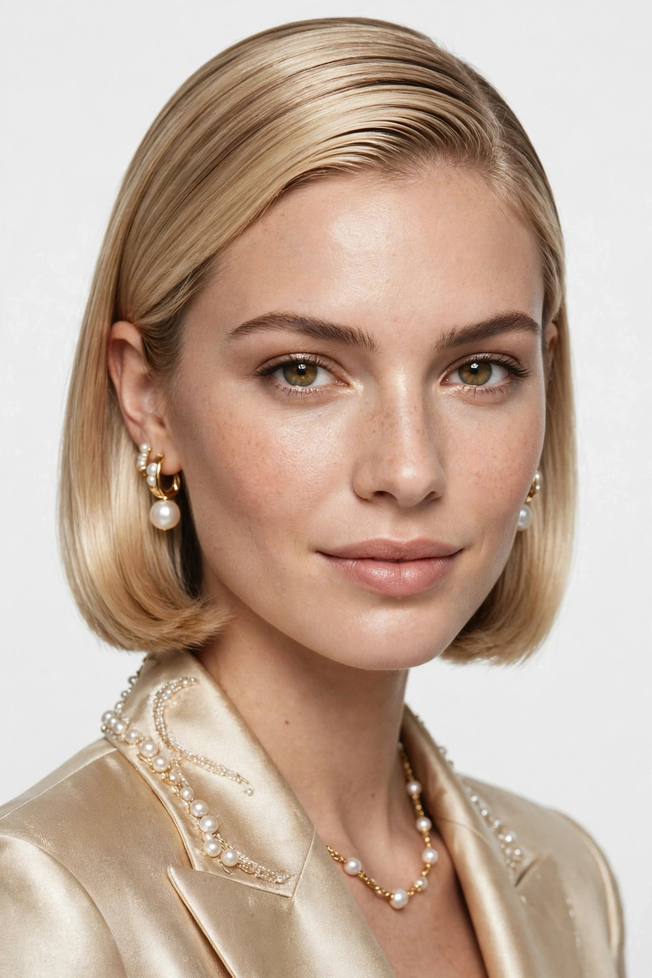 Champagne blonde french bob styled sleek and straight with glossy shine