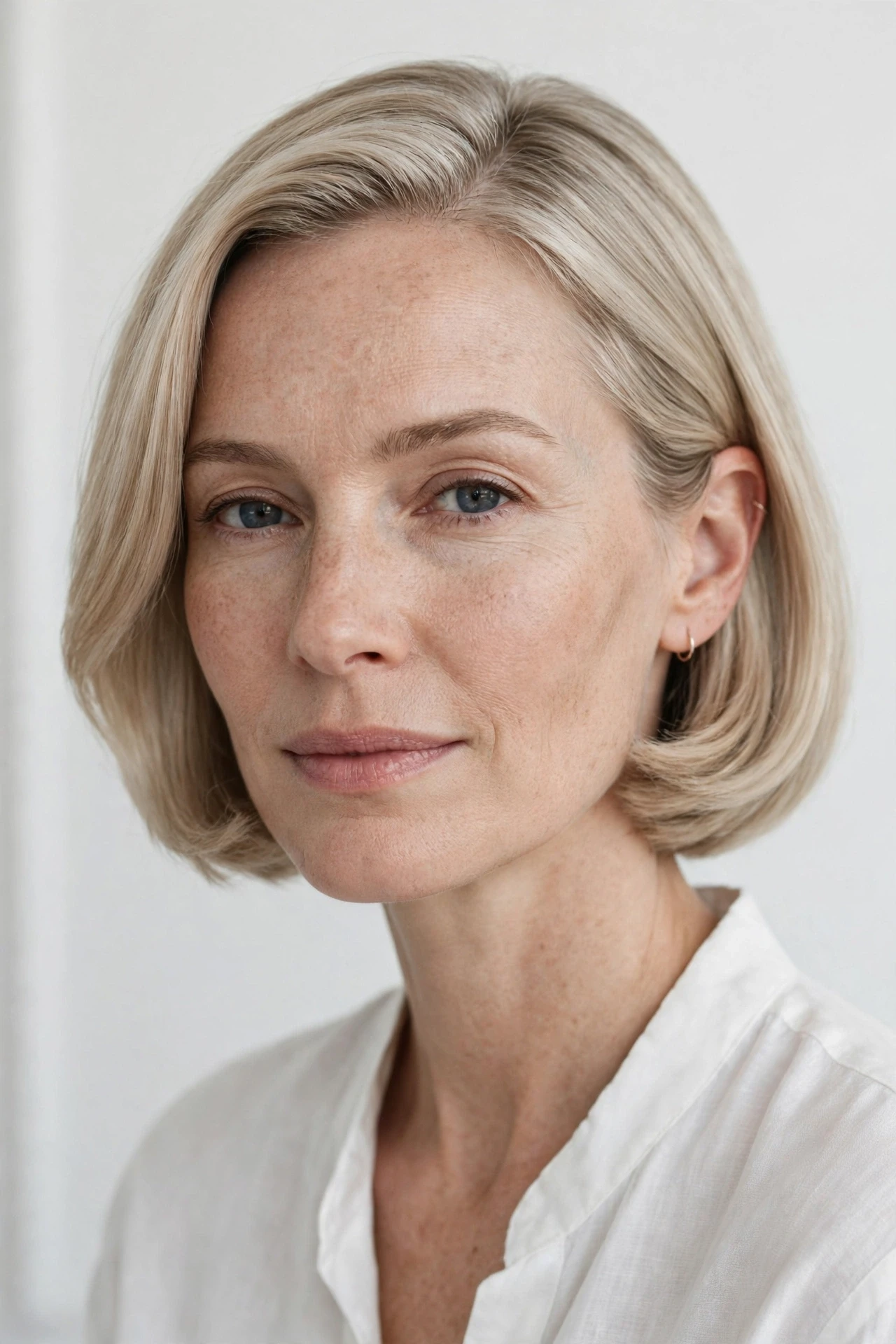 Cool beige blonde french bob tucked behind one ear