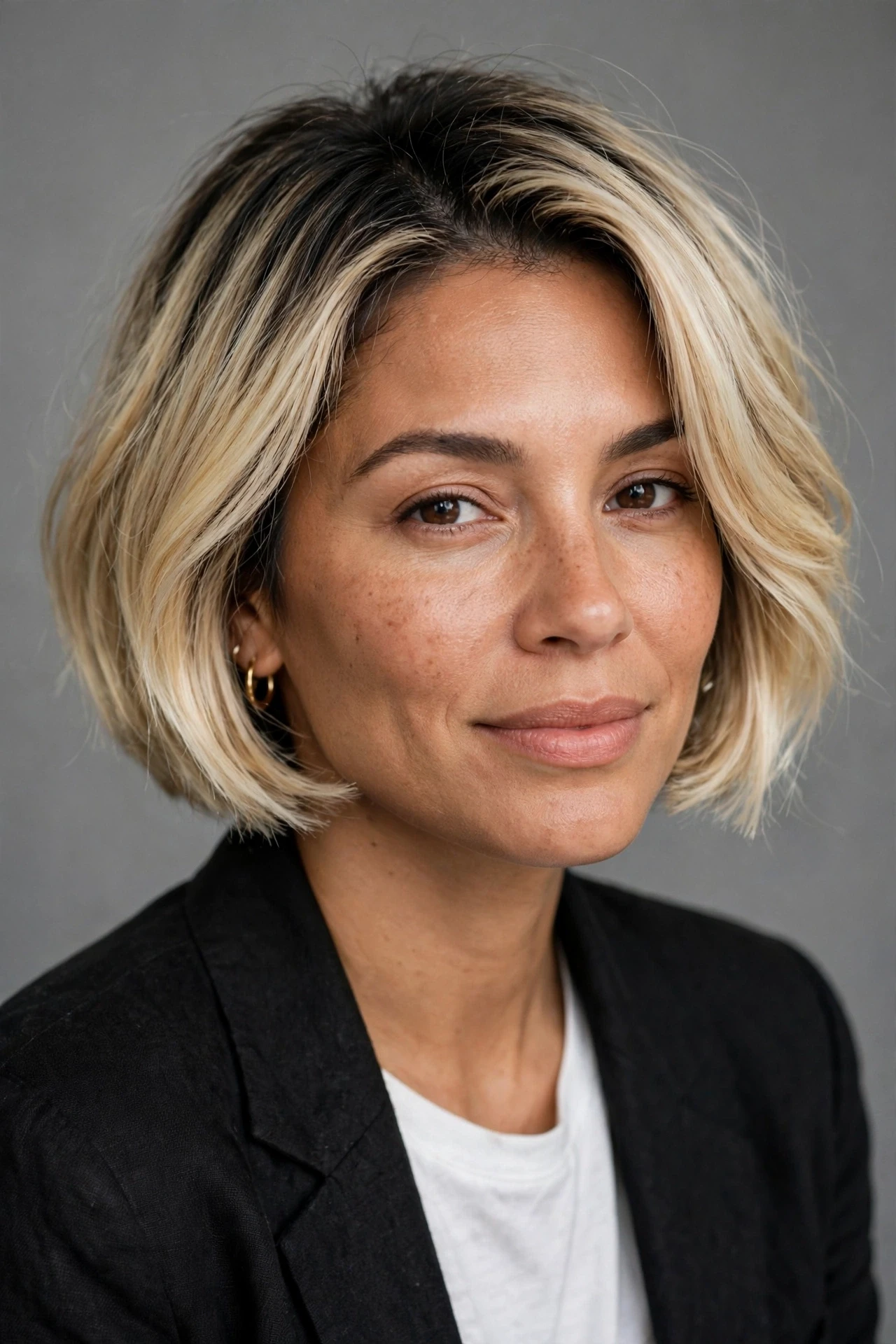 Dark rooted blonde french bob with shadow root melting into blonde