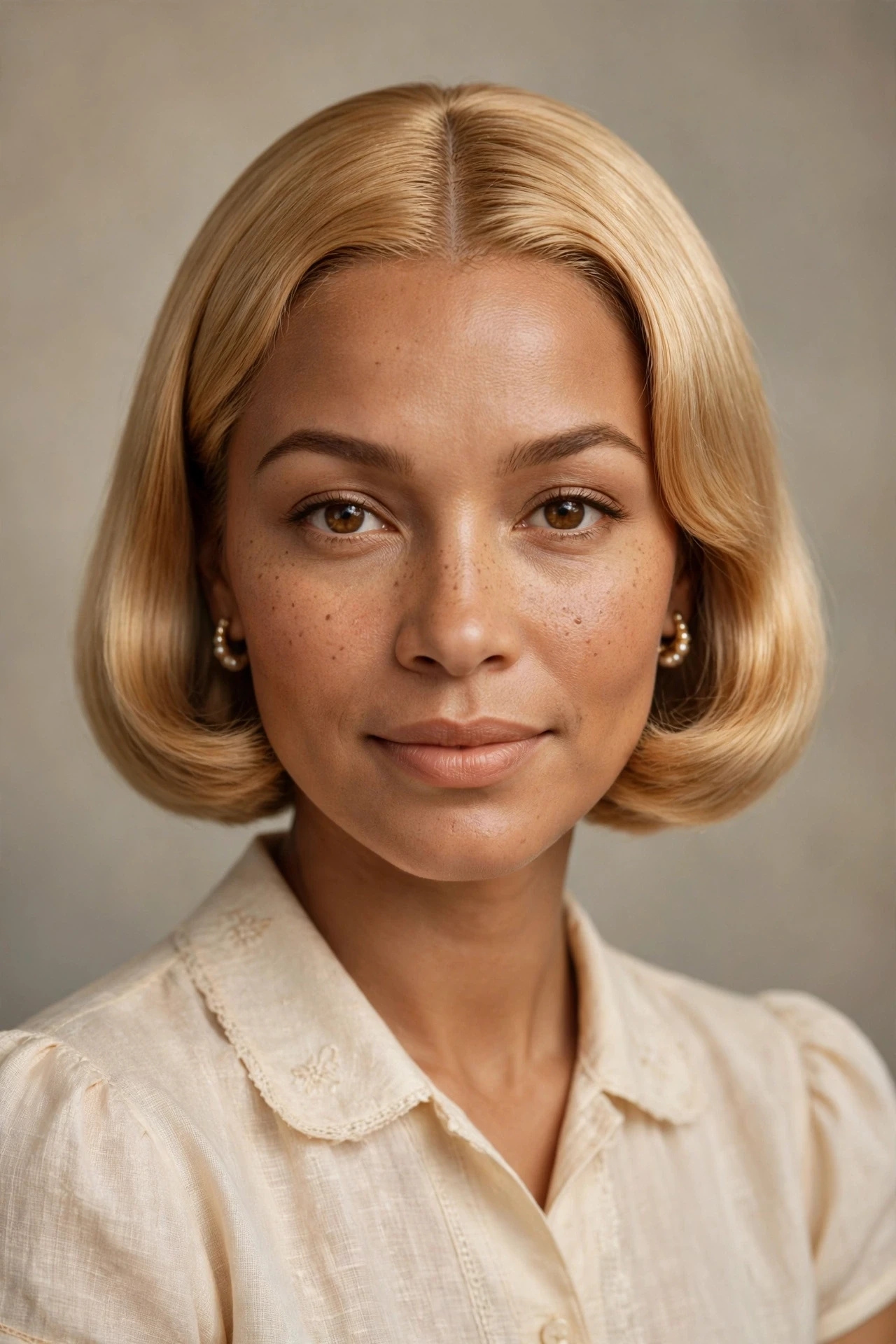 Golden blonde french bob with a precise middle part