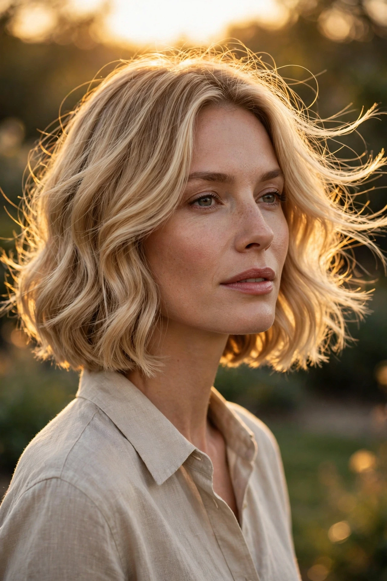 Blonde french bob with soft waves, chin-length Parisian haircut on a woman outdoors